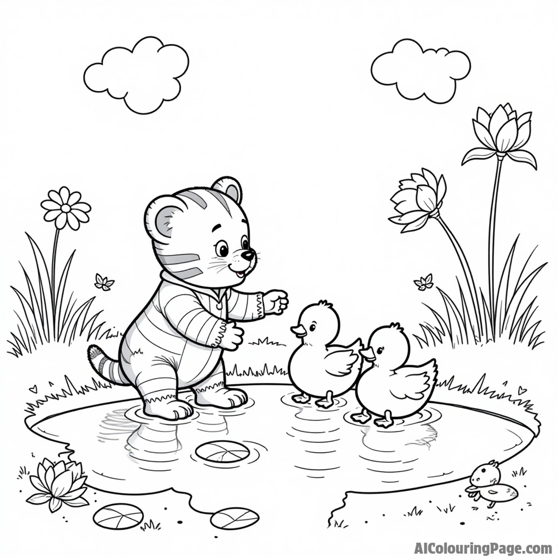 Daniel Tiger feeding ducks at a pond with his friends, surrounded by lily pads, flowers, and little fish swimming around.
