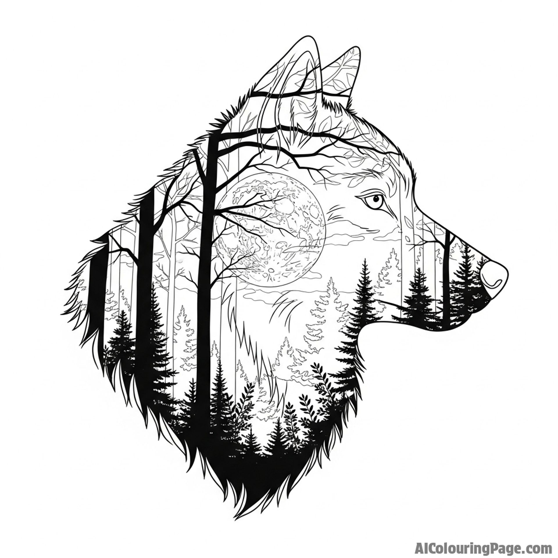 A double exposure photograph combining a wolf's profile with a dense, moonlit forest scene.