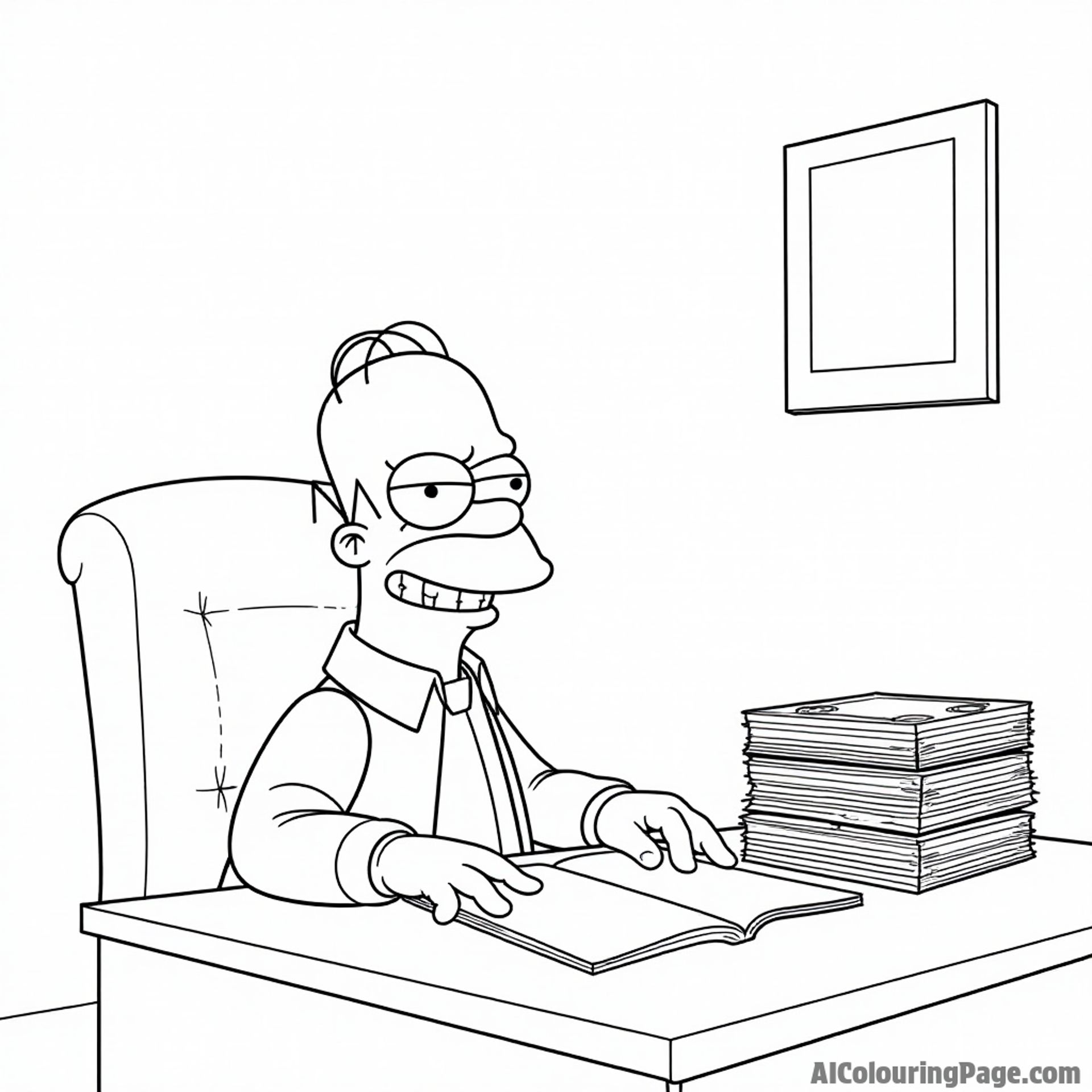 Mr. Burns sitting at his desk with a stack of money and a devious grin, plotting his next scheme in the office.