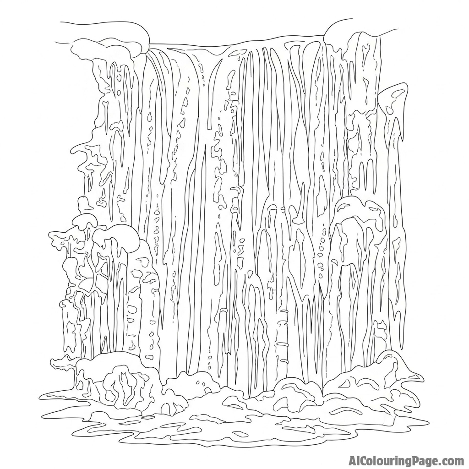 A frozen waterfall glistening in the winter sunlight, forming intricate ice patterns.
