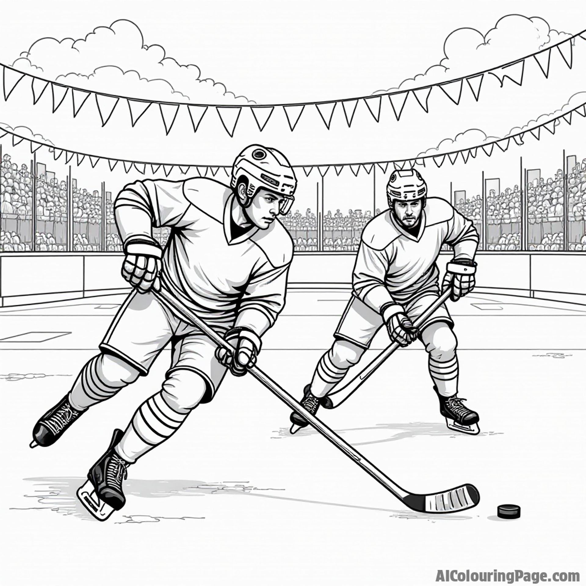 A high-energy hockey game with players racing for the puck, colorful banners hanging in the background, capturing the excitement of sports.