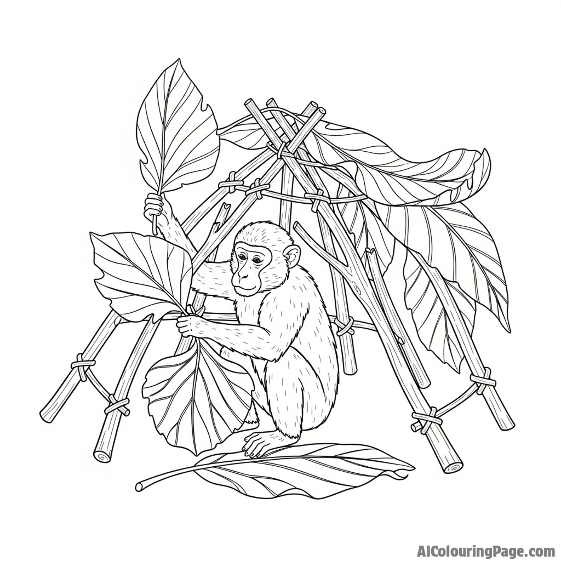 A monkey building a simple shelter out of large leaves and woven branches.