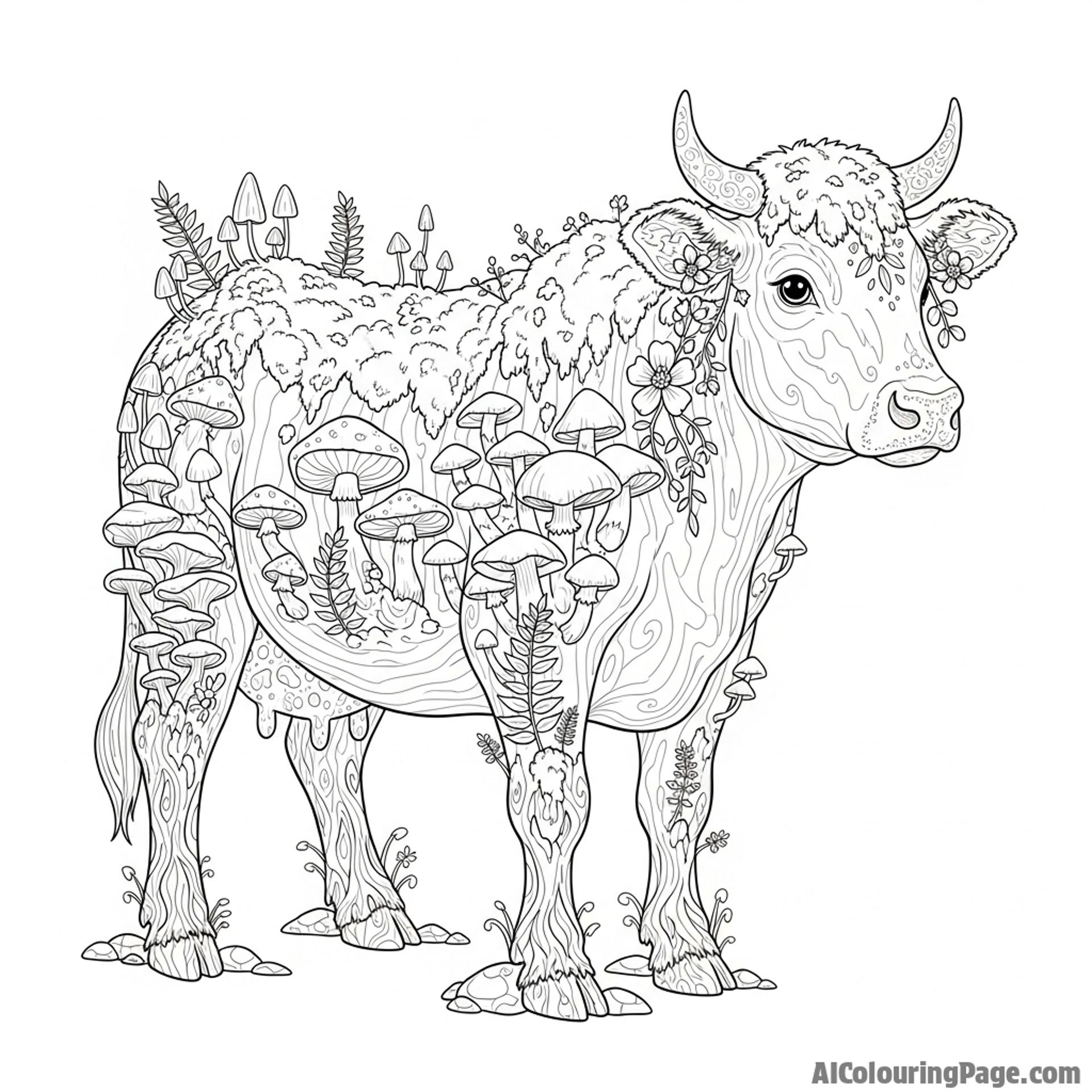 A cow as a gentle forest spirit, with moss and mushrooms growing on its back.