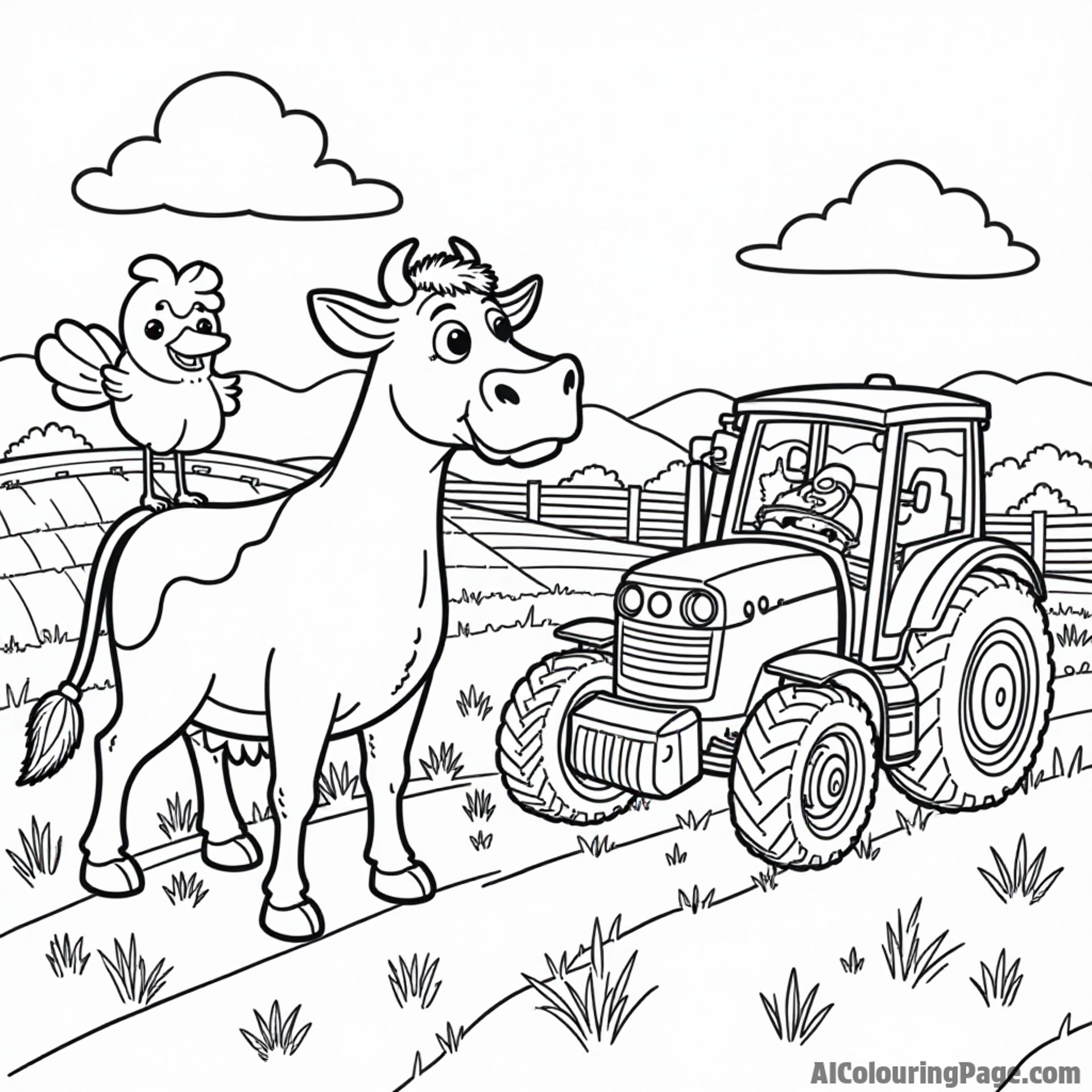 A busy farm scene with a friendly cow, a cheerful chicken character, and a playful tractor working in the fields.