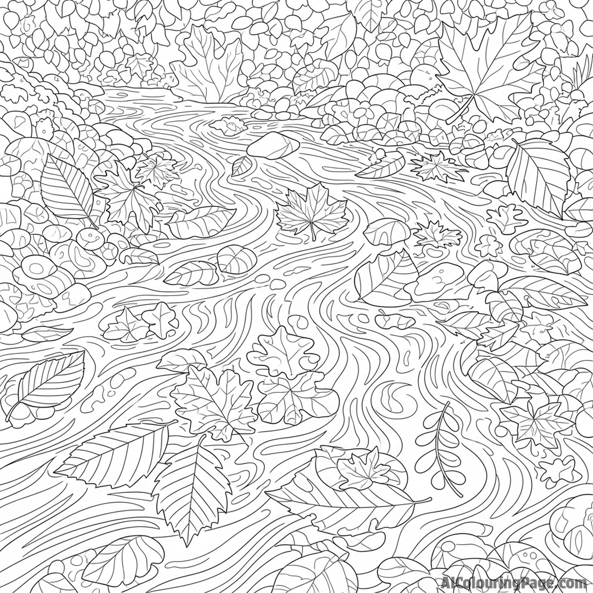 A stream with fallen leaves floating on its surface, creating a mosaic pattern.