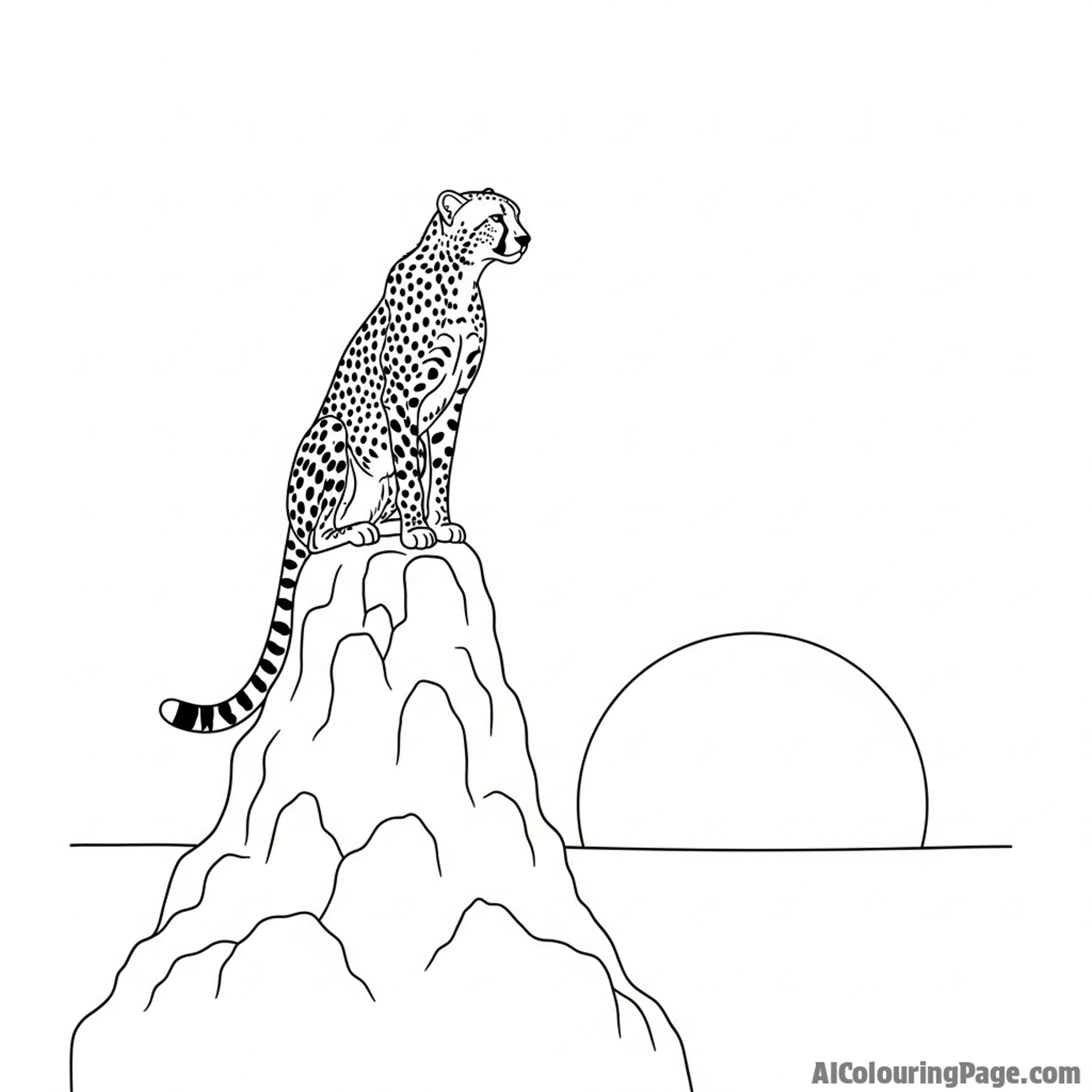 Silhouette of a cheetah perched on a termite mound against the setting sun's bright orb.