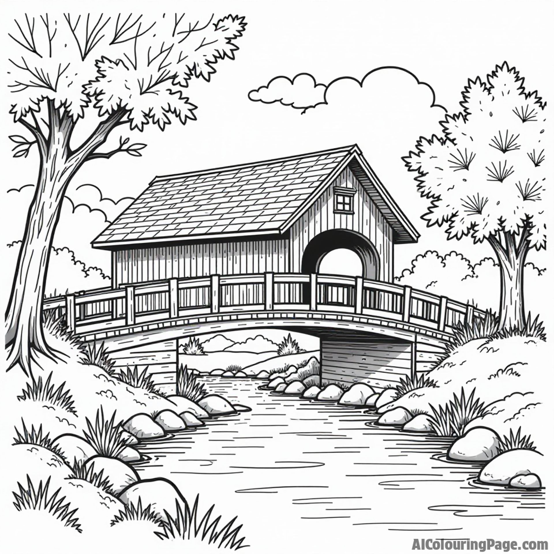 A charming covered bridge with a flowing river and vibrant autumn leaves, inviting kids to add their artistic touch.