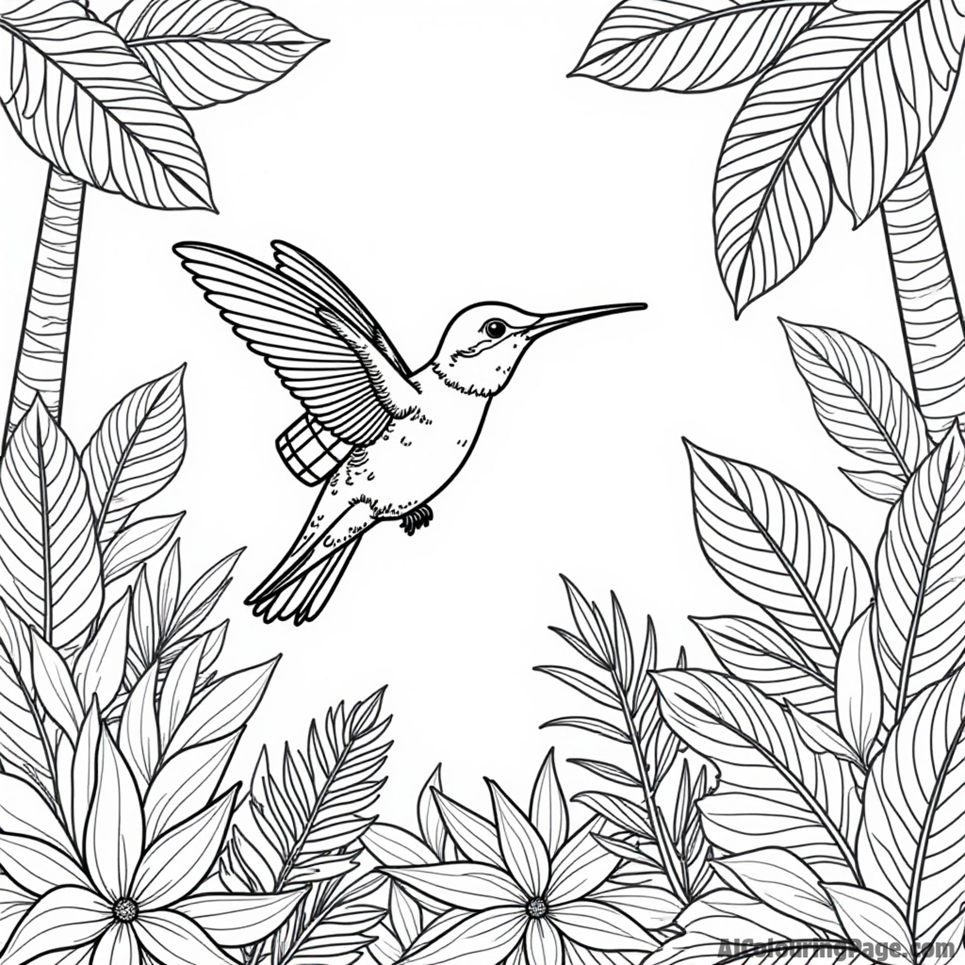 A hummingbird with a tiny backpack exploring a vibrant jungle filled with exotic plants.