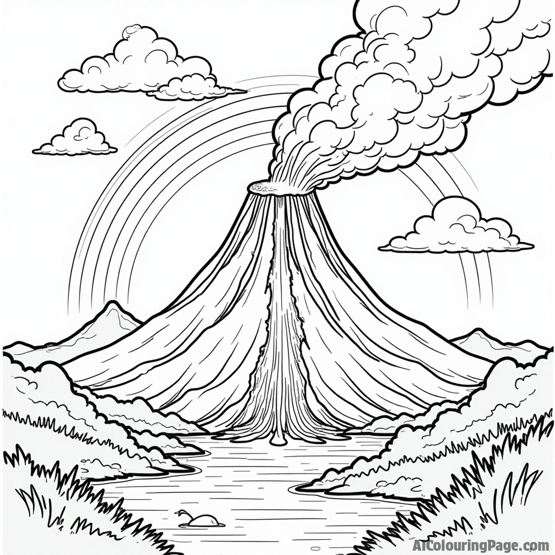 A majestic volcano erupting with lava, framed by lush greenery and a rainbow, perfect for kids to color.