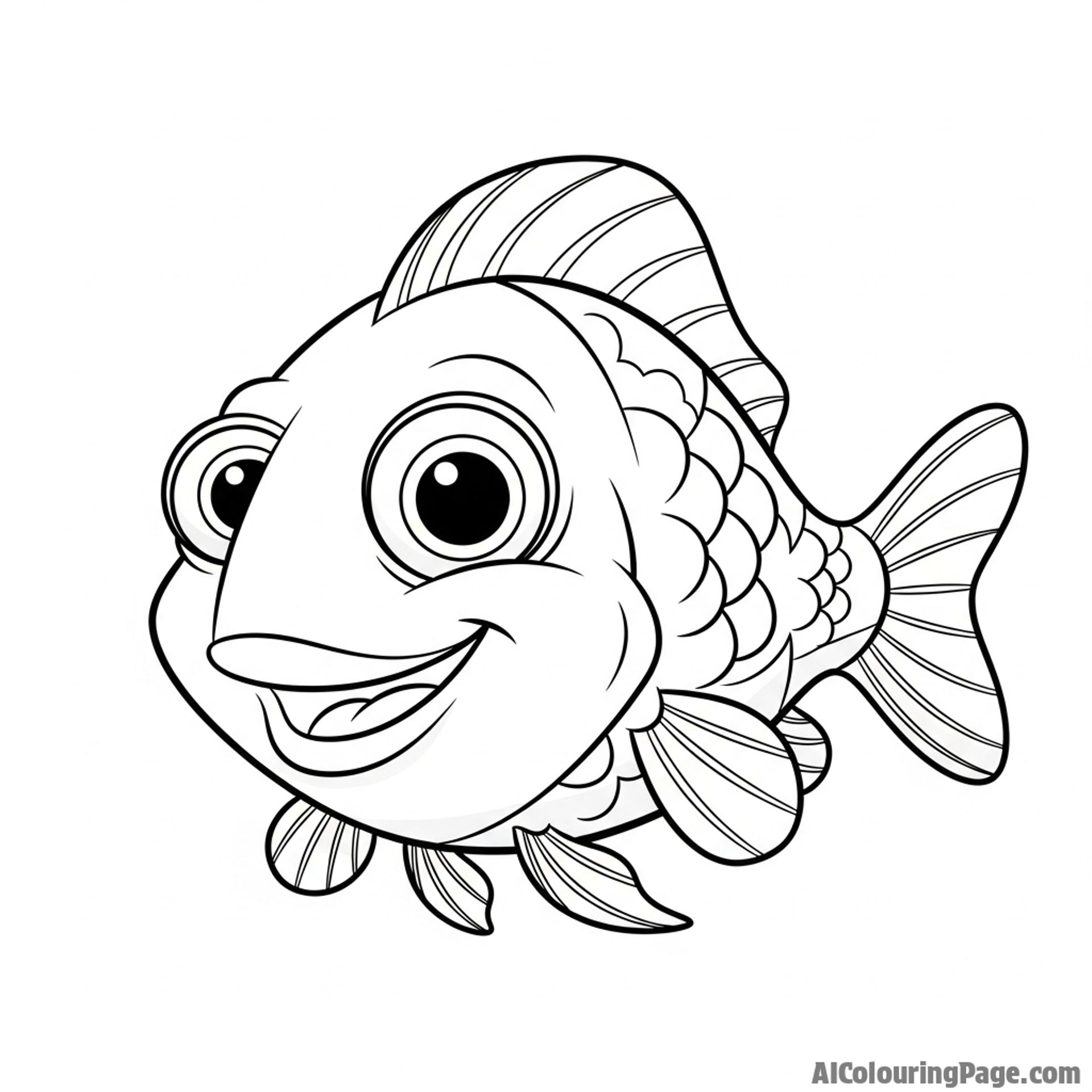 A cartoon fish with expressive, oversized eyes and a wide grin.
