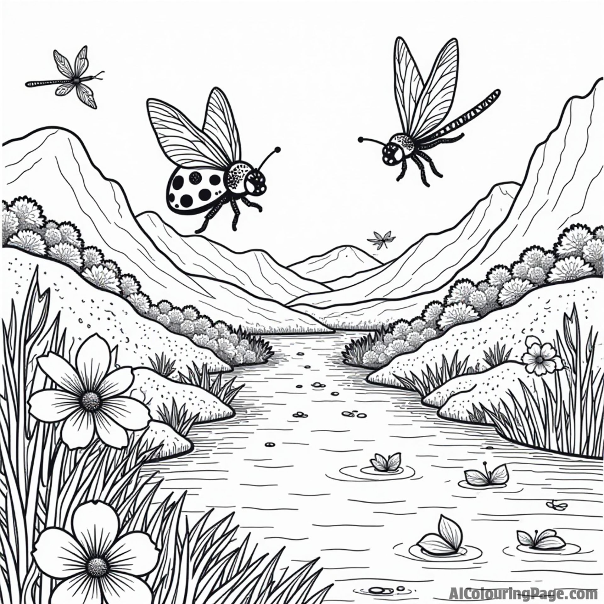 A ladybug flying over a sparkling river with dragonflies, surrounded by lush greenery and vibrant wildflowers.