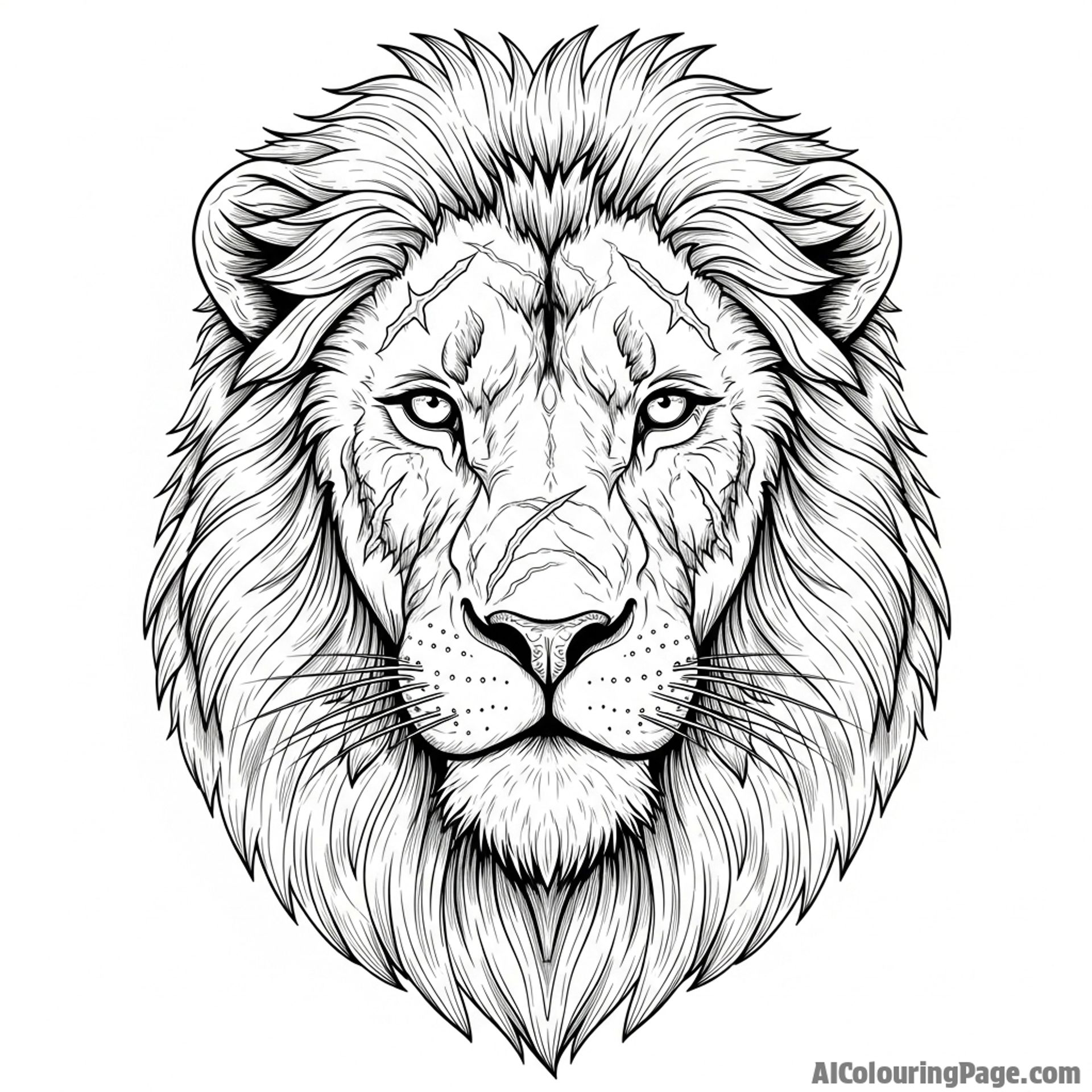 An old, battle-scarred lion's face, its expression full of wisdom.