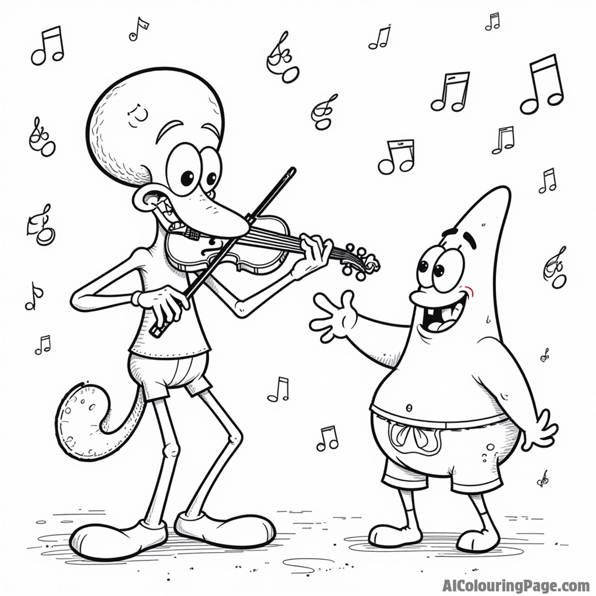 Squidward playing his violin while SpongeBob and Patrick dance around him, creating a lively scene filled with music notes