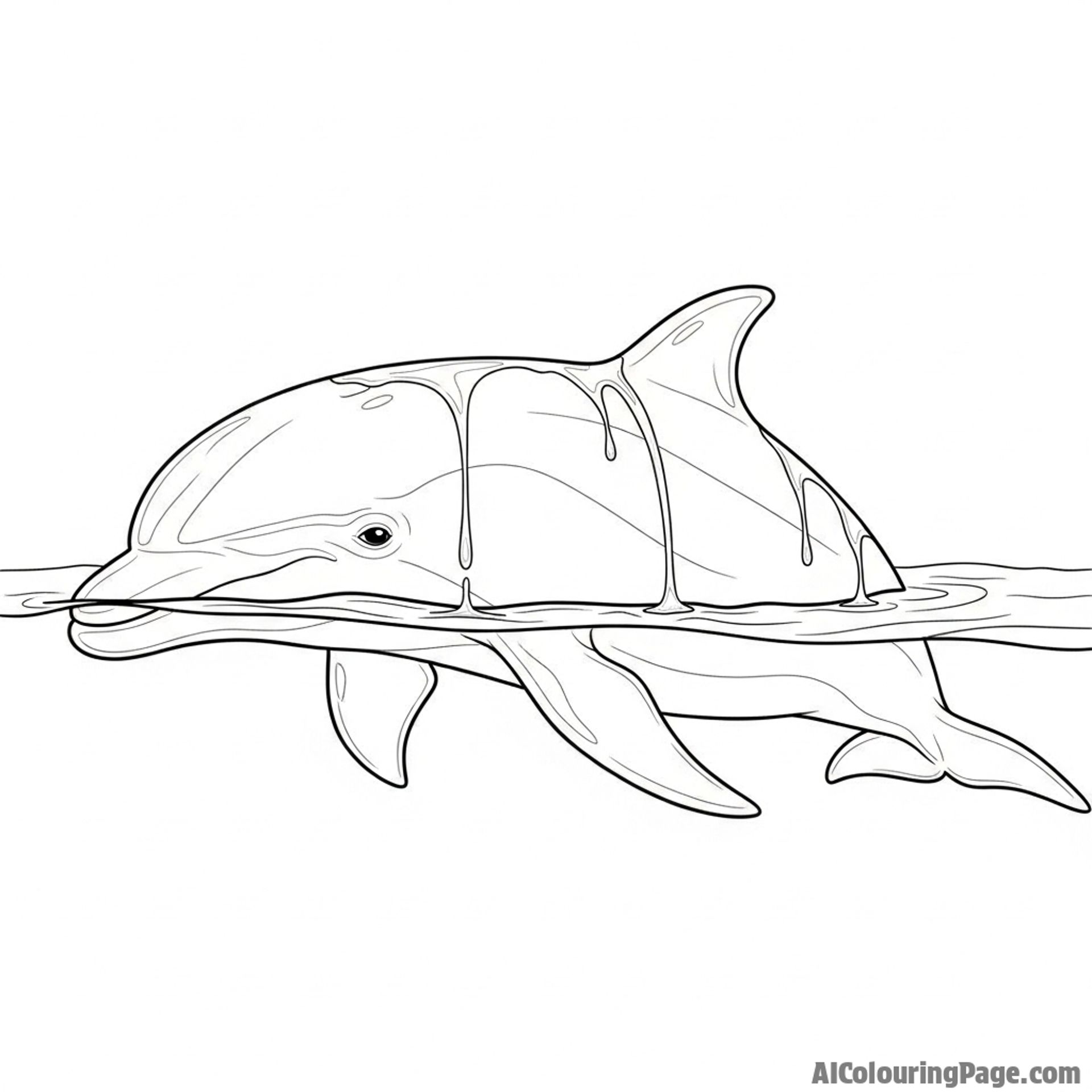 A dolphin’s sleek body half-submerged, with water beading and rolling off its smooth skin.