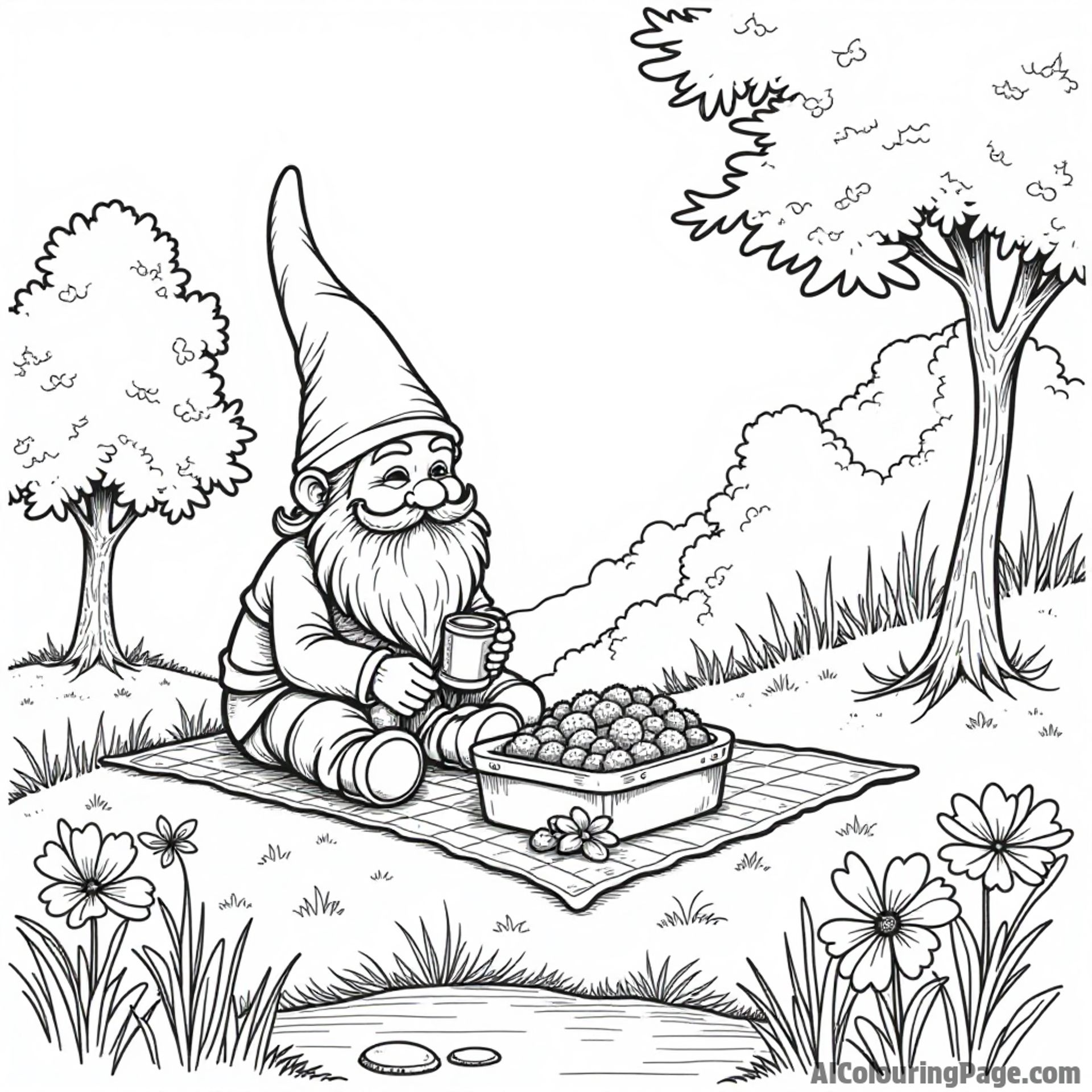 A gnome enjoying a picnic with friends on a grassy hill surrounded by trees, flowers, and a sparkling stream nearby.