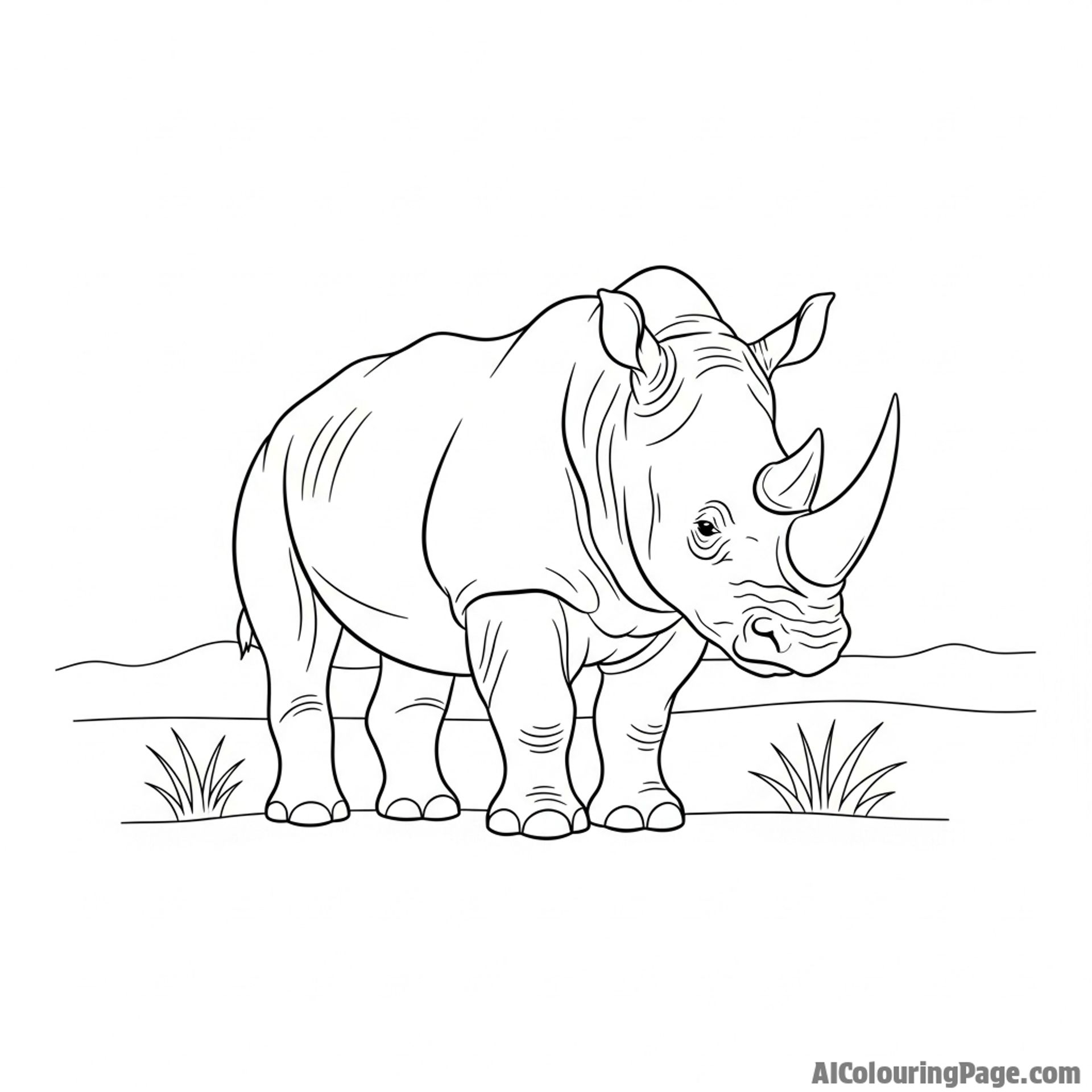A rhinoceros with its thick, armored hide, standing powerfully on the savanna