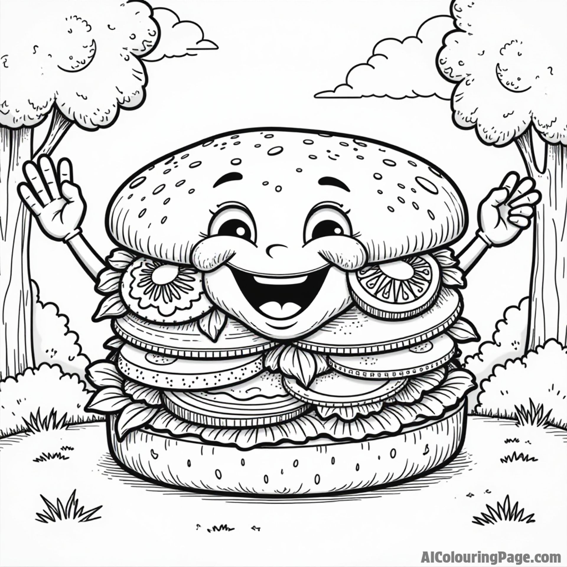 A giant sandwich made of various colorful ingredients, with a happy face and arms waving in a sunny park.