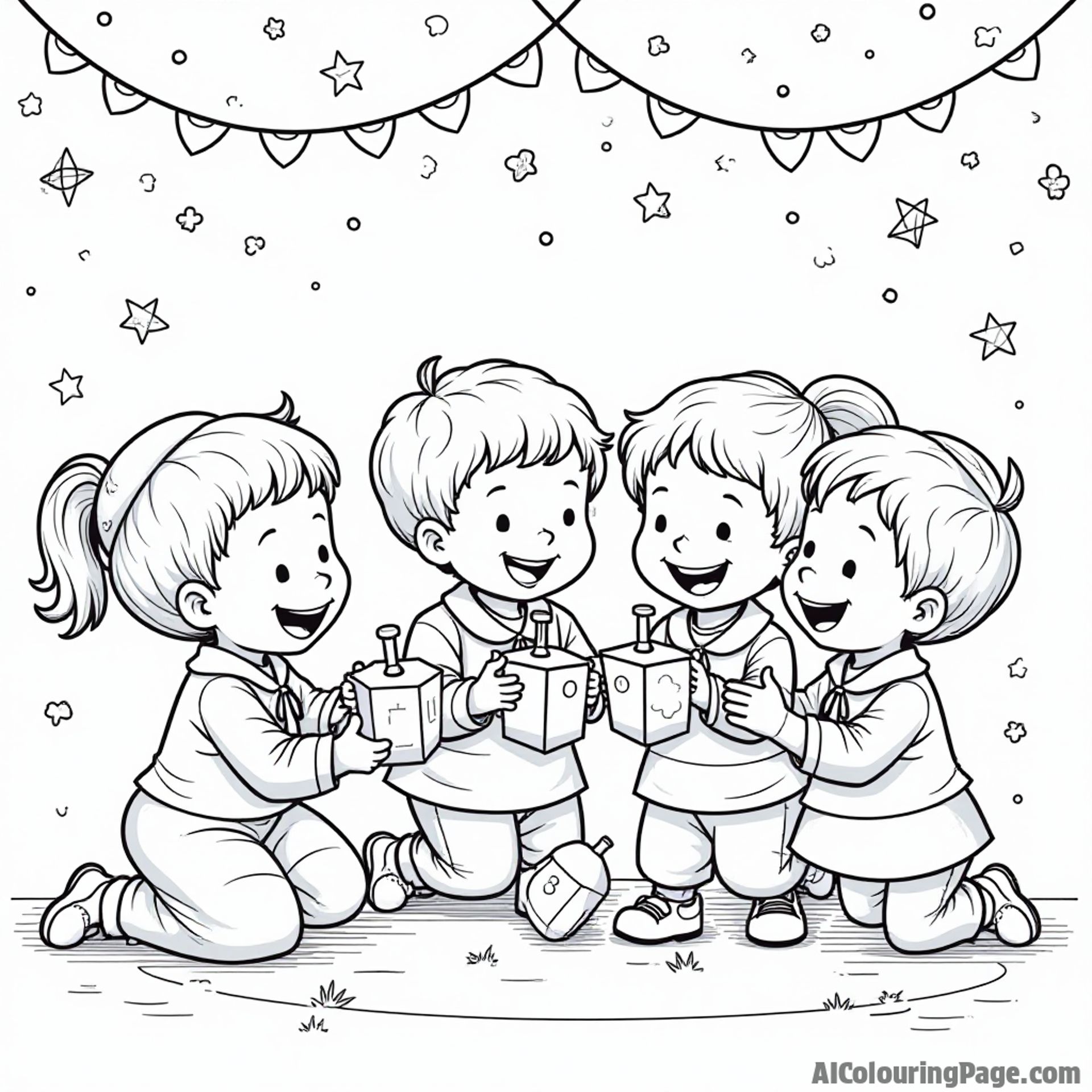 A group of children playing with dreidels, wearing festive clothes, surrounded by colorful decorations, capturing the joy of Hanukkah in a delightful coloring page for kids.