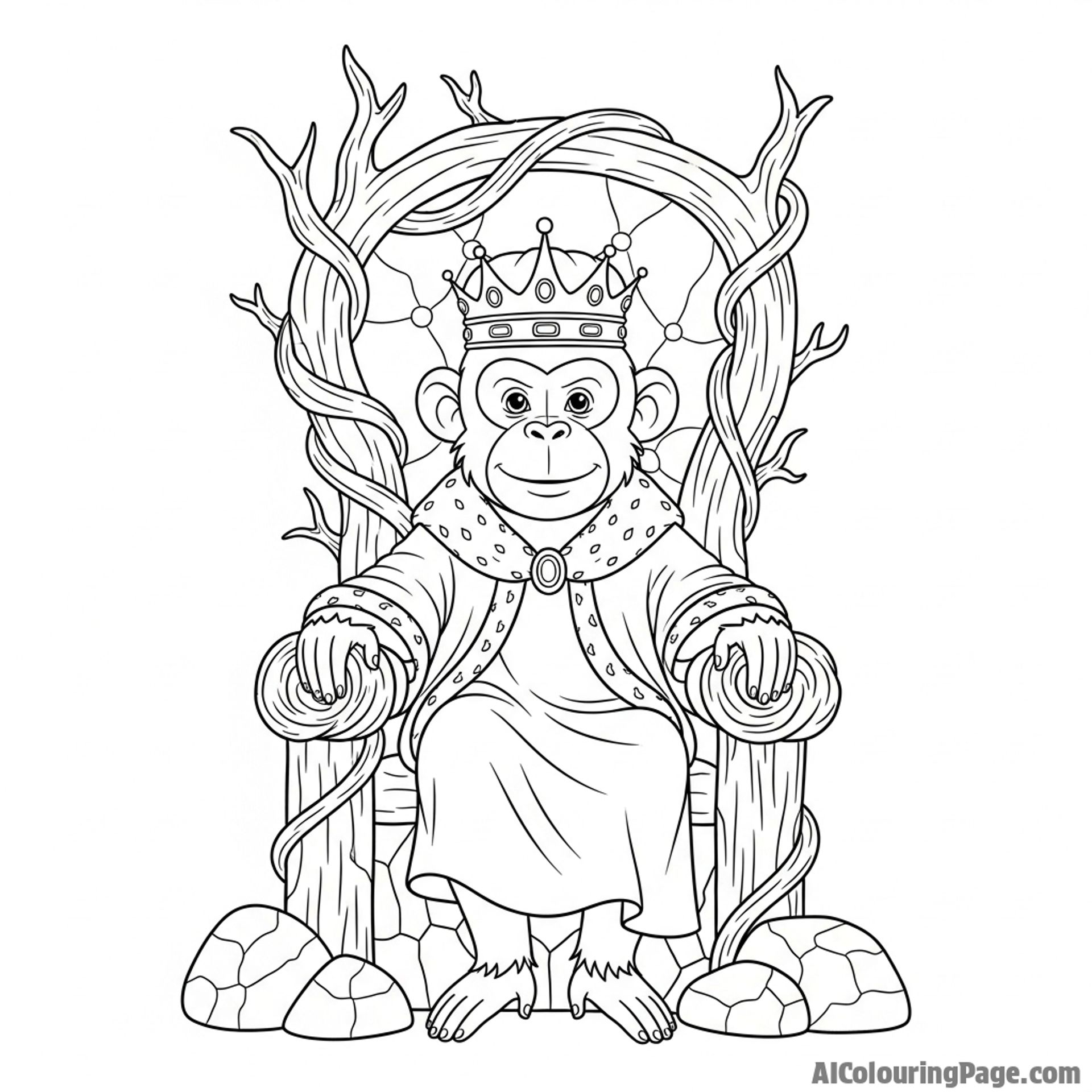 A monkey dressed as a king, sitting on a throne made of twisted vines and stones.
