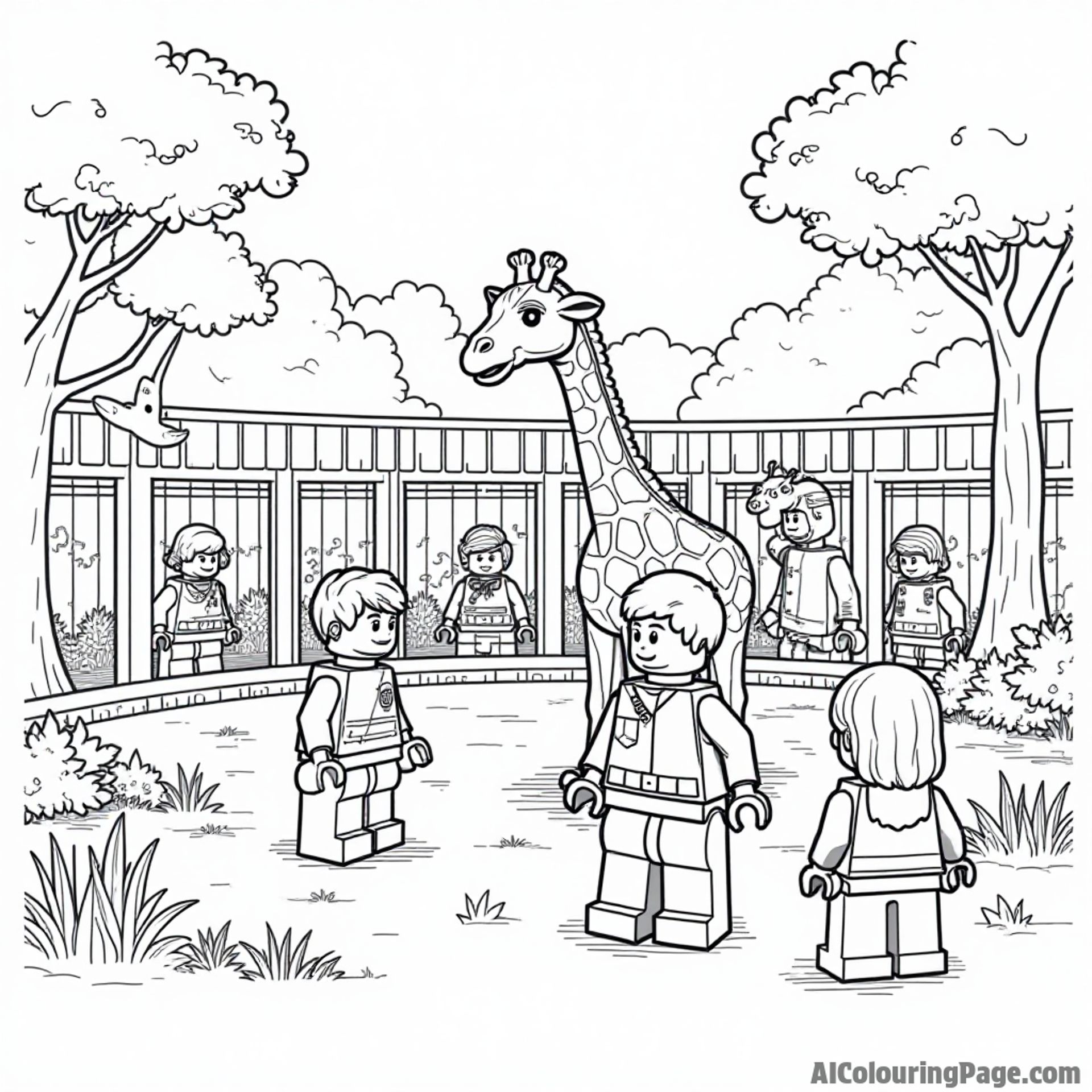 A LEGO zoo scene featuring various animal enclosures, a zookeeper feeding a giraffe, and kids observing the animals.