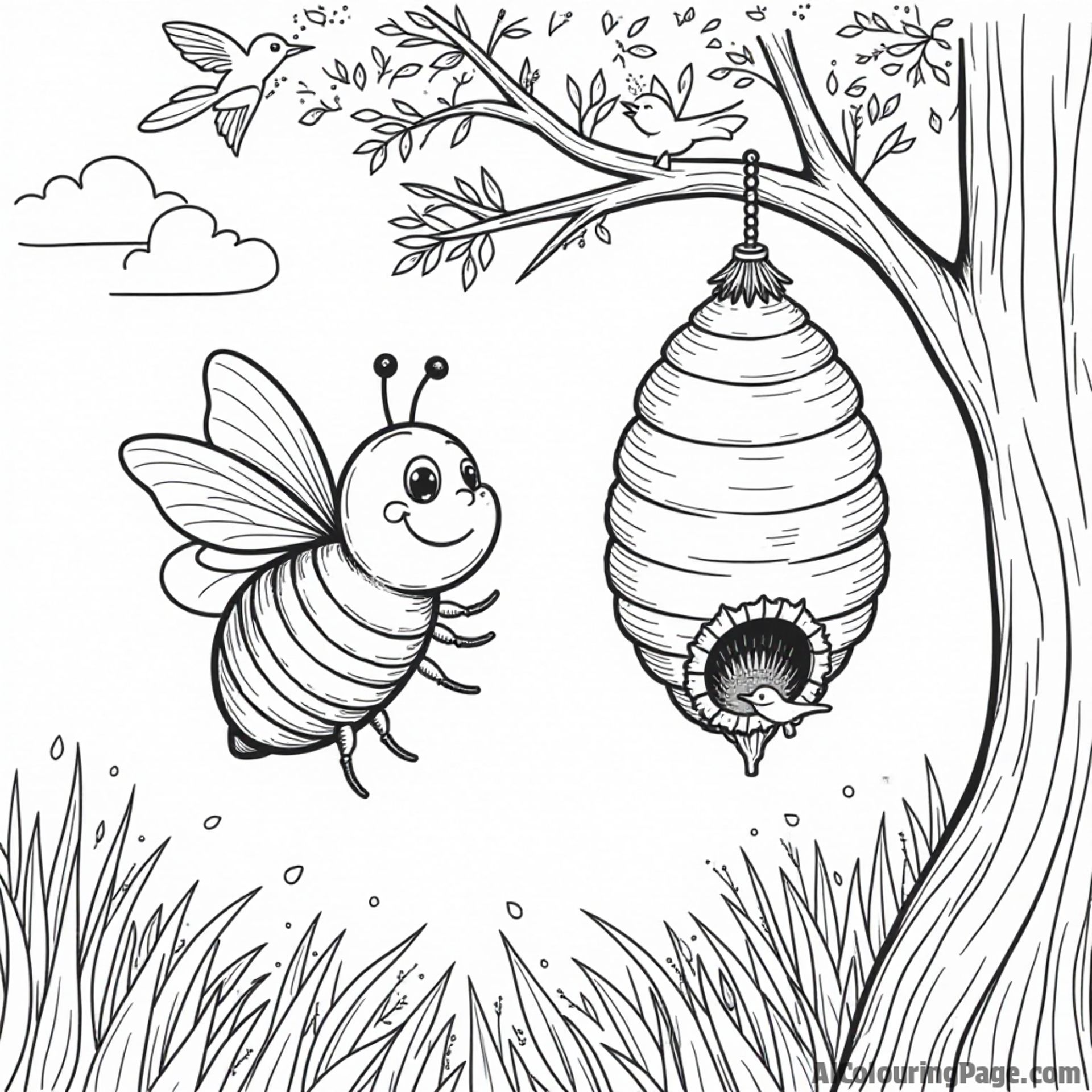 A playful bee flying near a beehive hanging from a tree branch, with birds singing happily in the background.