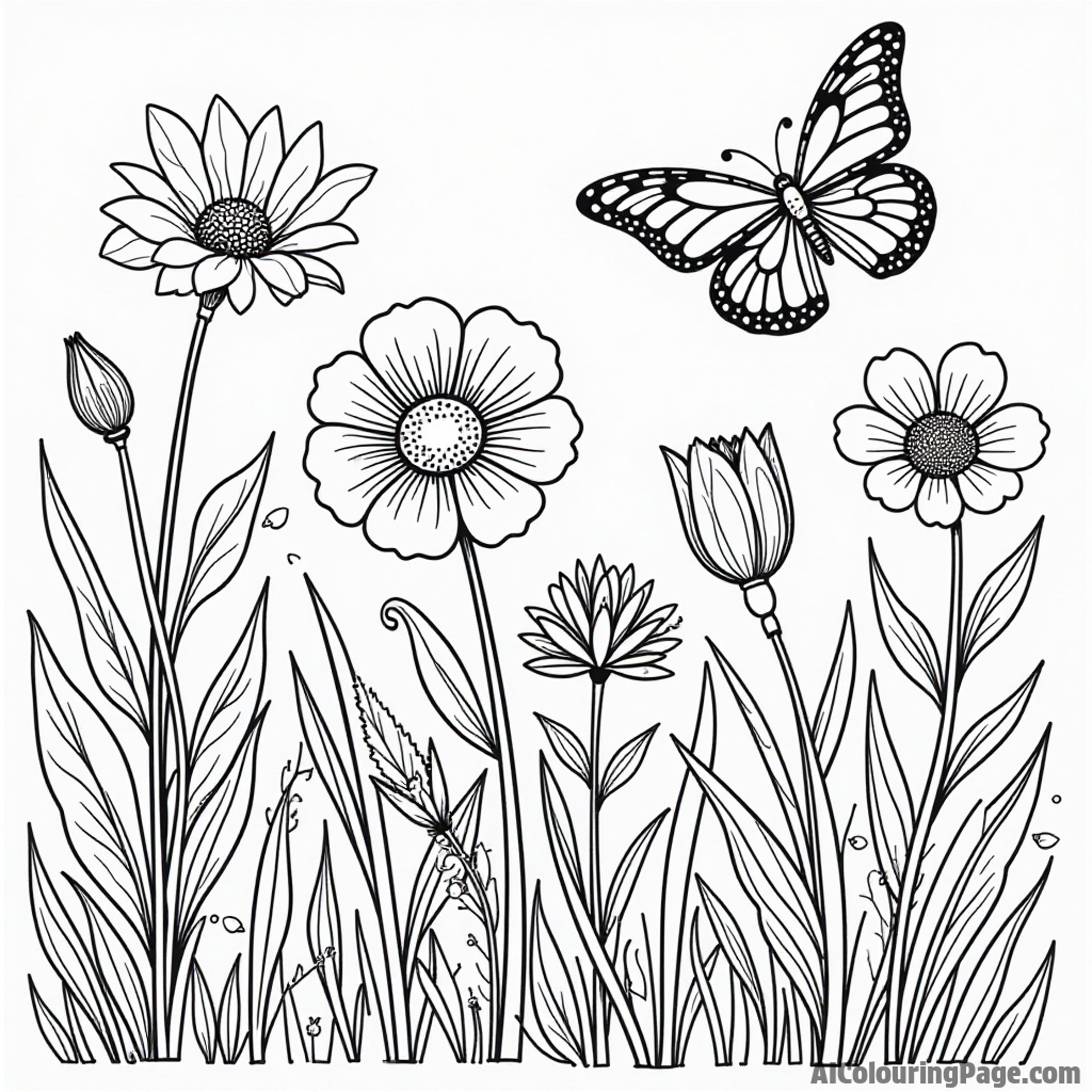 A delightful garden filled with colorful flowers, a butterfly, and a ladybug, creating a peaceful scene for coloring fun.