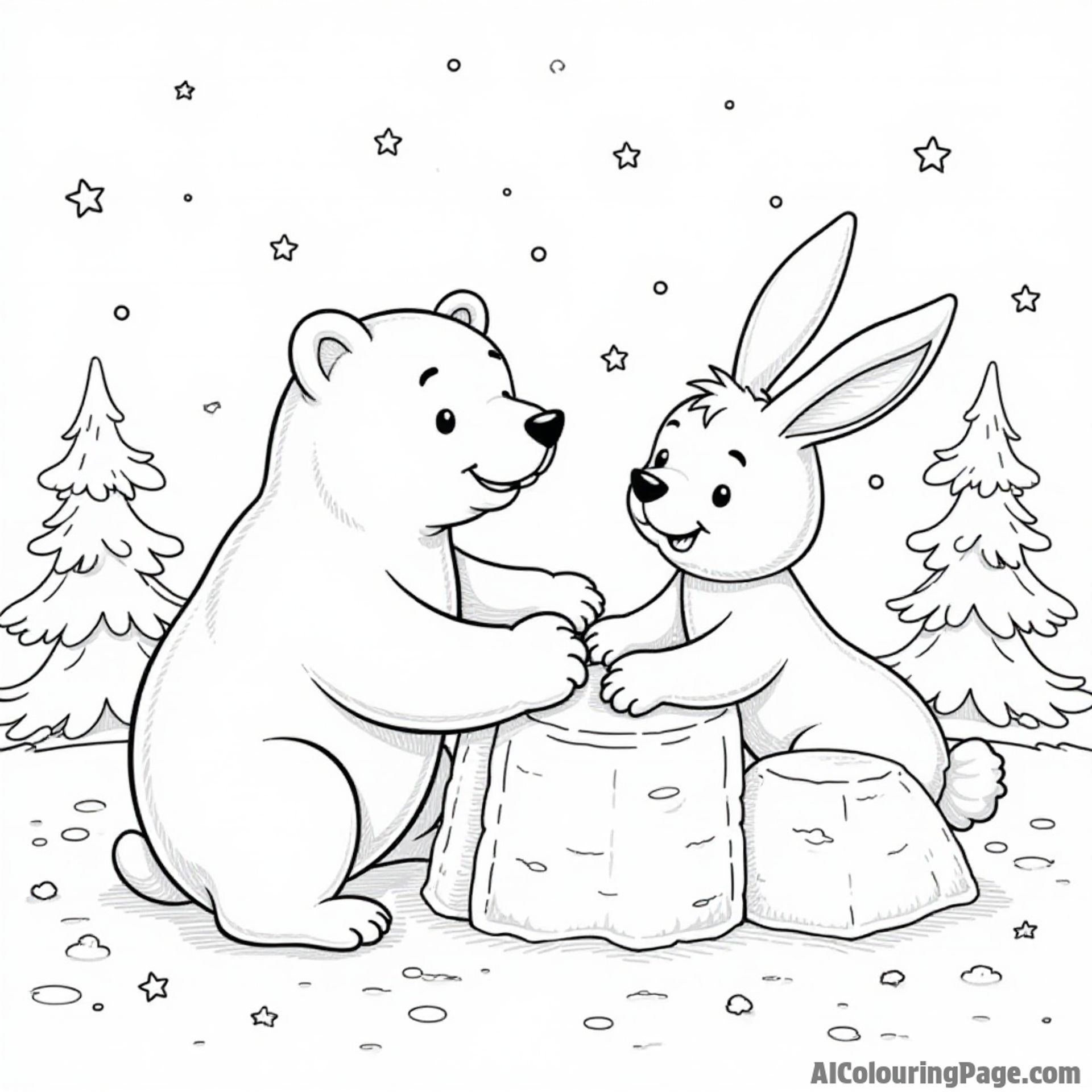 A friendly polar bear and a rabbit building a snow fort together, surrounded by falling snowflakes and pine trees.