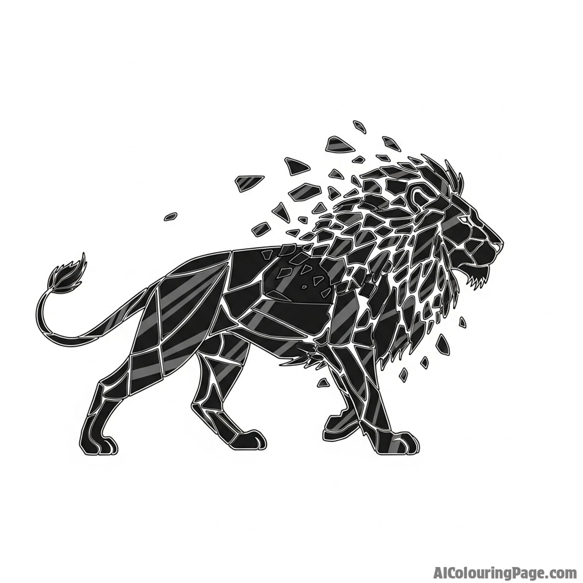 A lion made of shattered, dark, reflective glass, slowly reassembling itself.