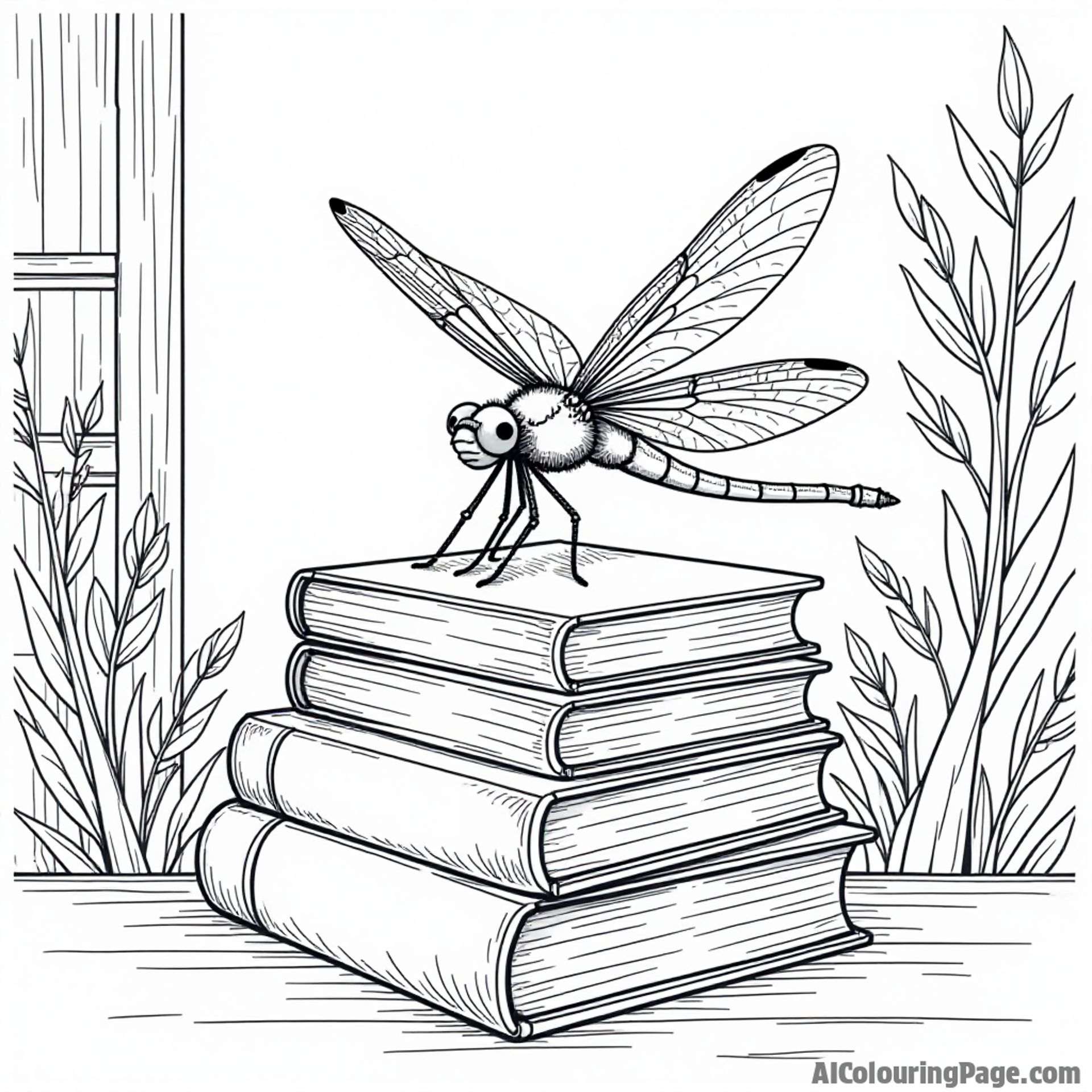 A dragonfly perched on a stack of books in a cozy library filled with magical tales waiting to be colored.