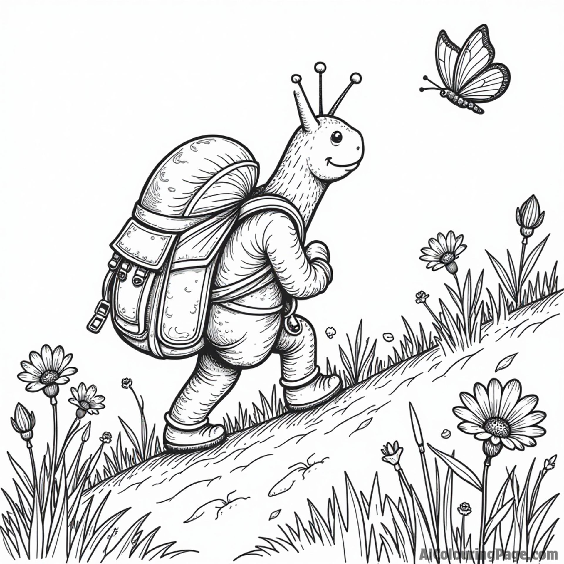 A snail with a backpack hiking up a hill, with butterflies and flowers along the trail for adventurous young artists.