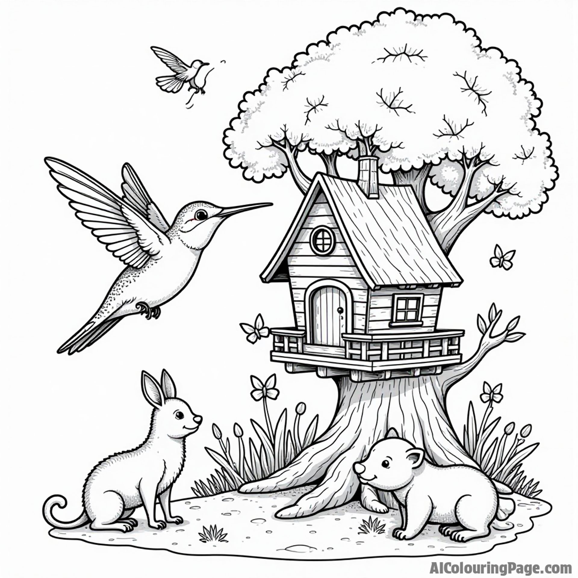 A hummingbird flying near a magical treehouse surrounded by friendly forest creatures.