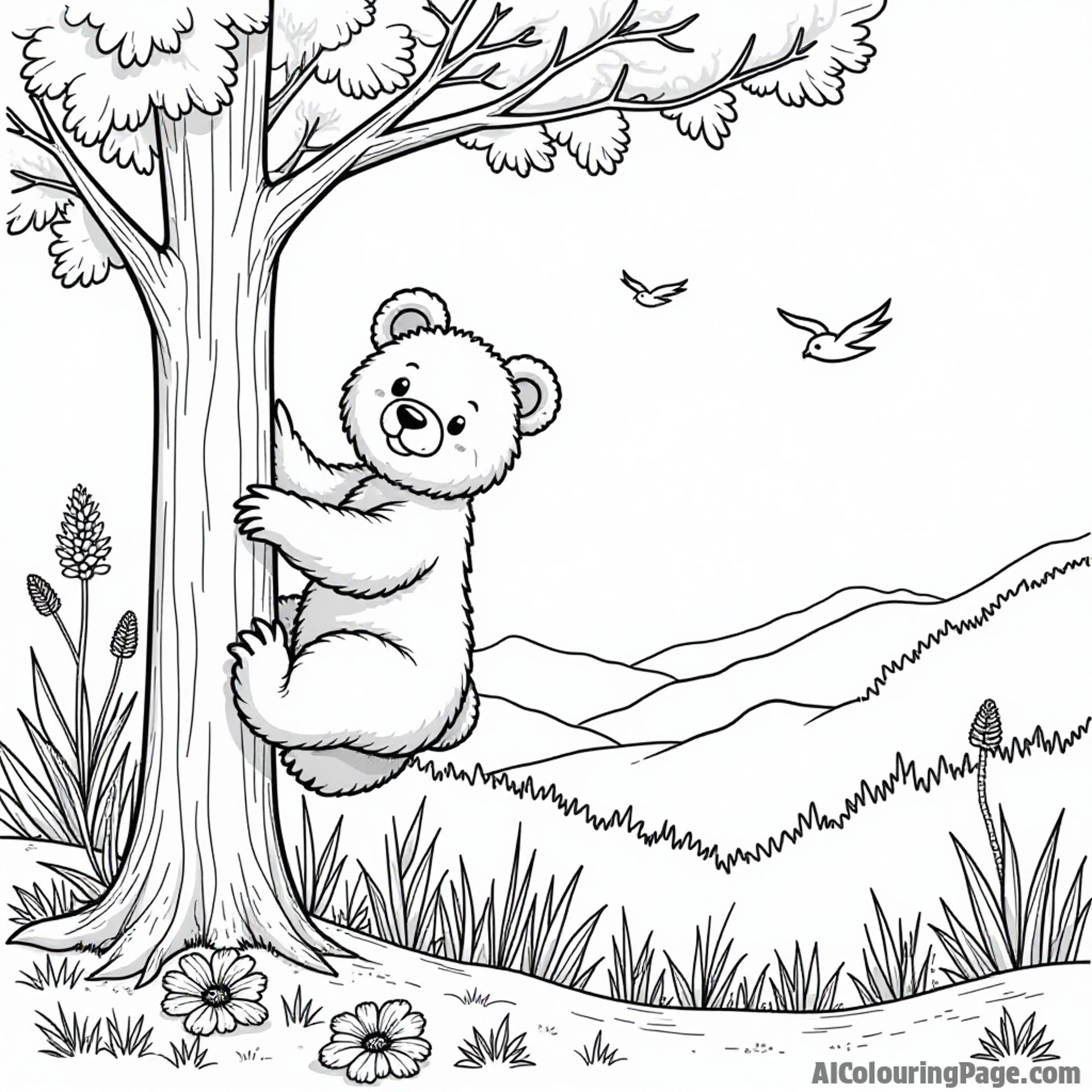 A cute black bear climbing a tree in the Ozark Mountains surrounded by wildflowers and birds flying above.