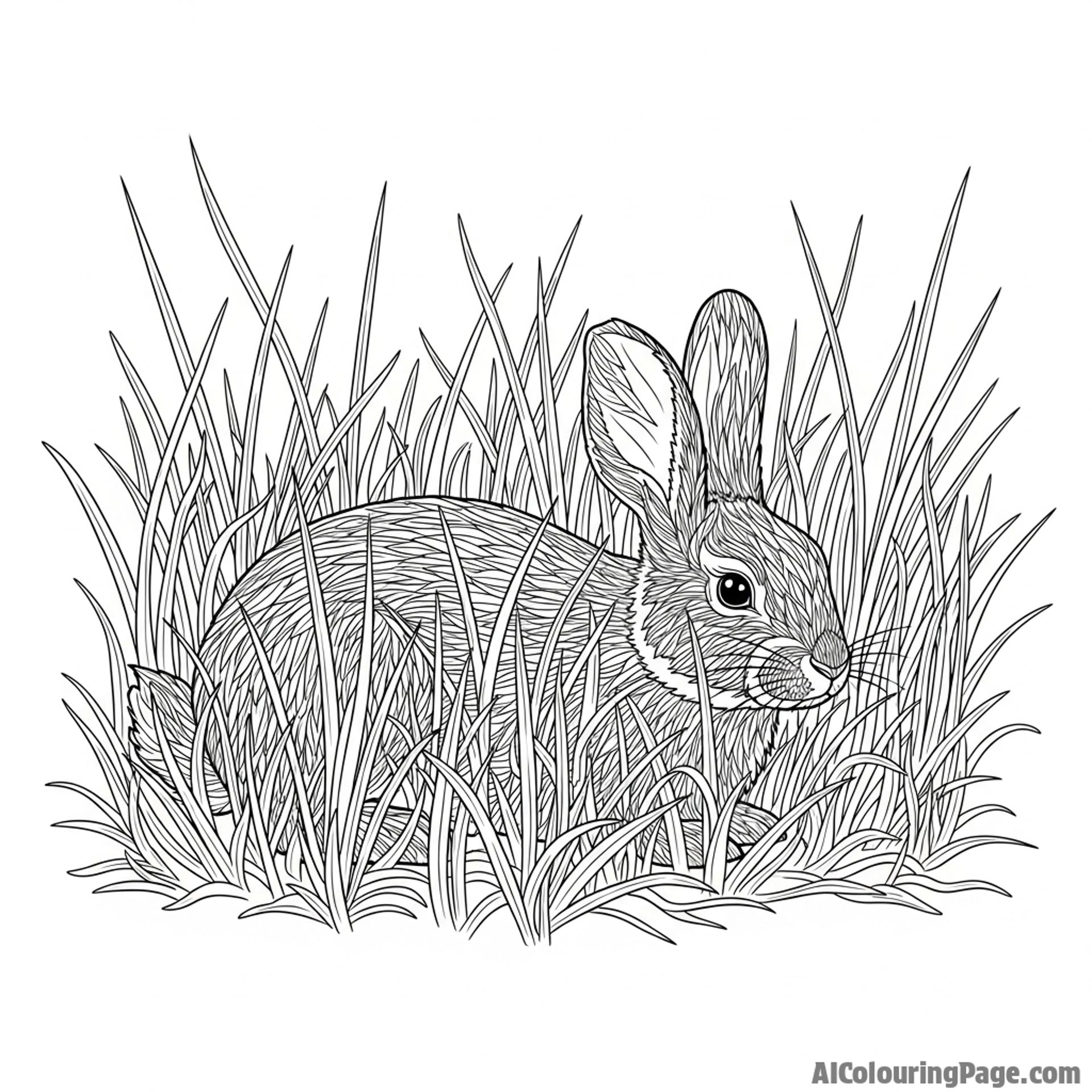 A rabbit camouflaged almost perfectly against a field of dry grass.