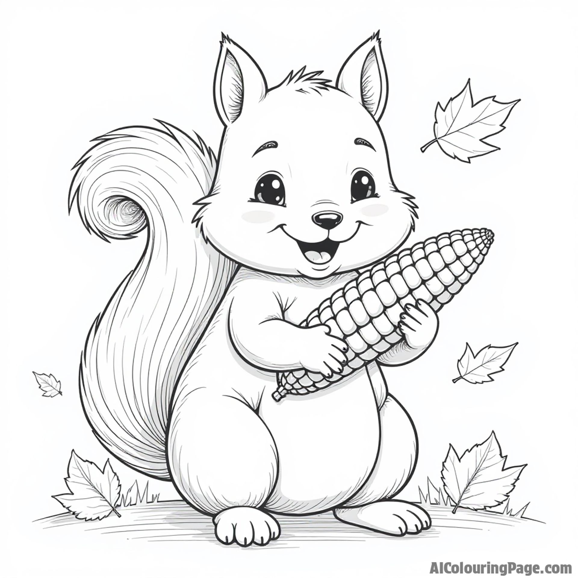 A friendly Pennsylvania squirrel holding a corn cob, with autumn leaves falling around, capturing the essence of seasonal change.
