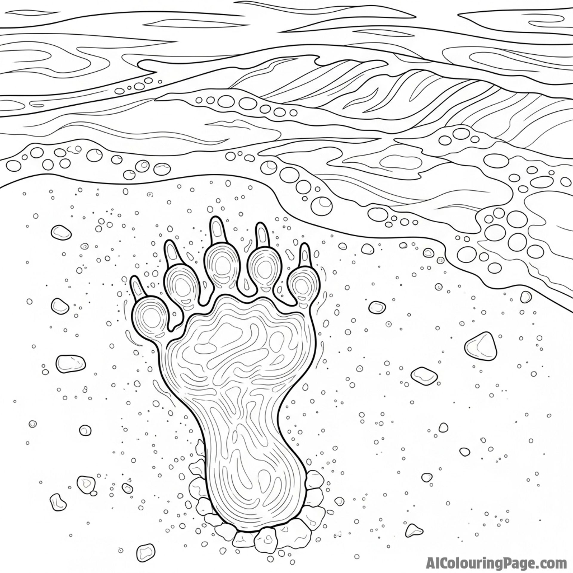 An iguana's footprint left in wet sand, with the tide approaching.