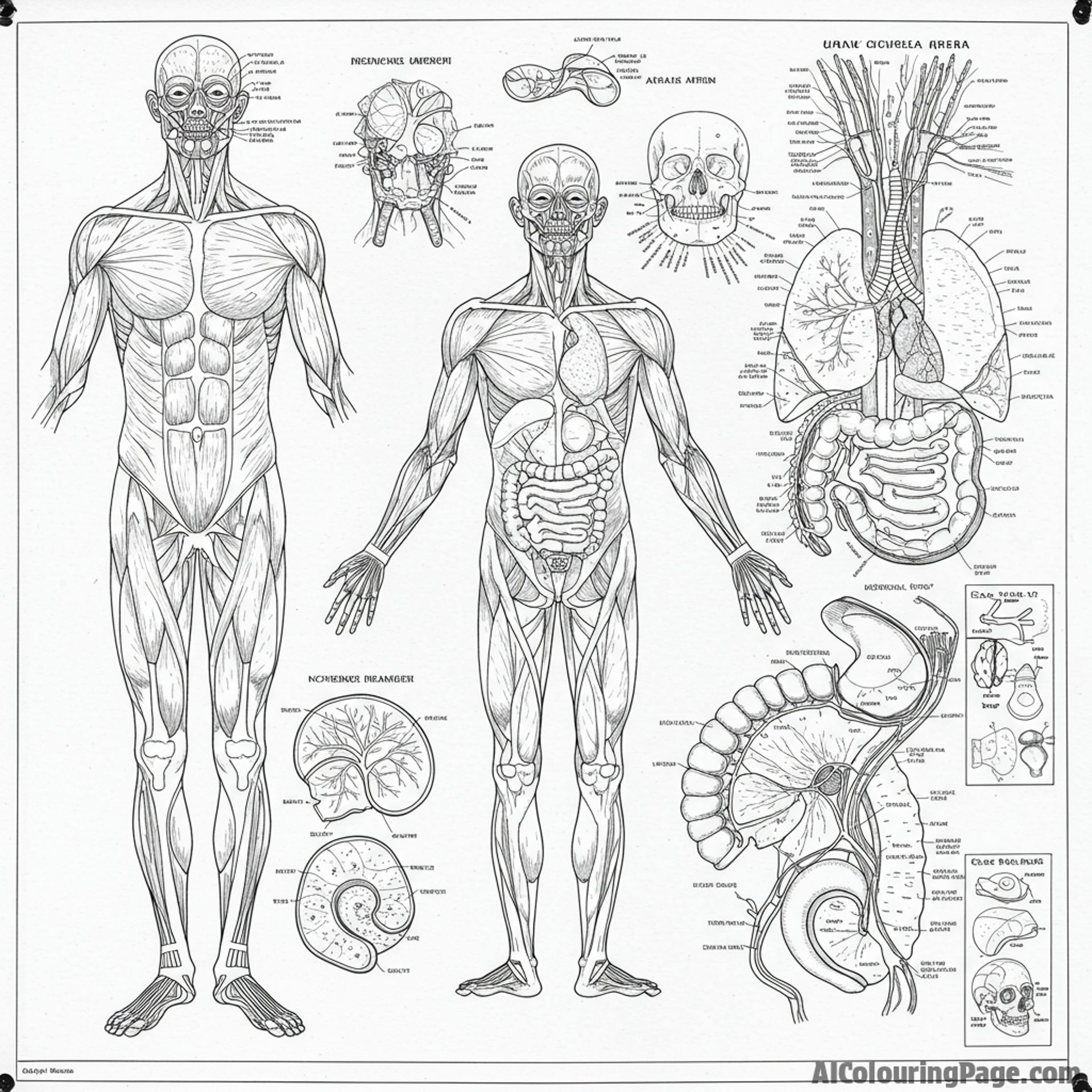 A detailed diagram of the human anatomy hanging on a classroom wall.