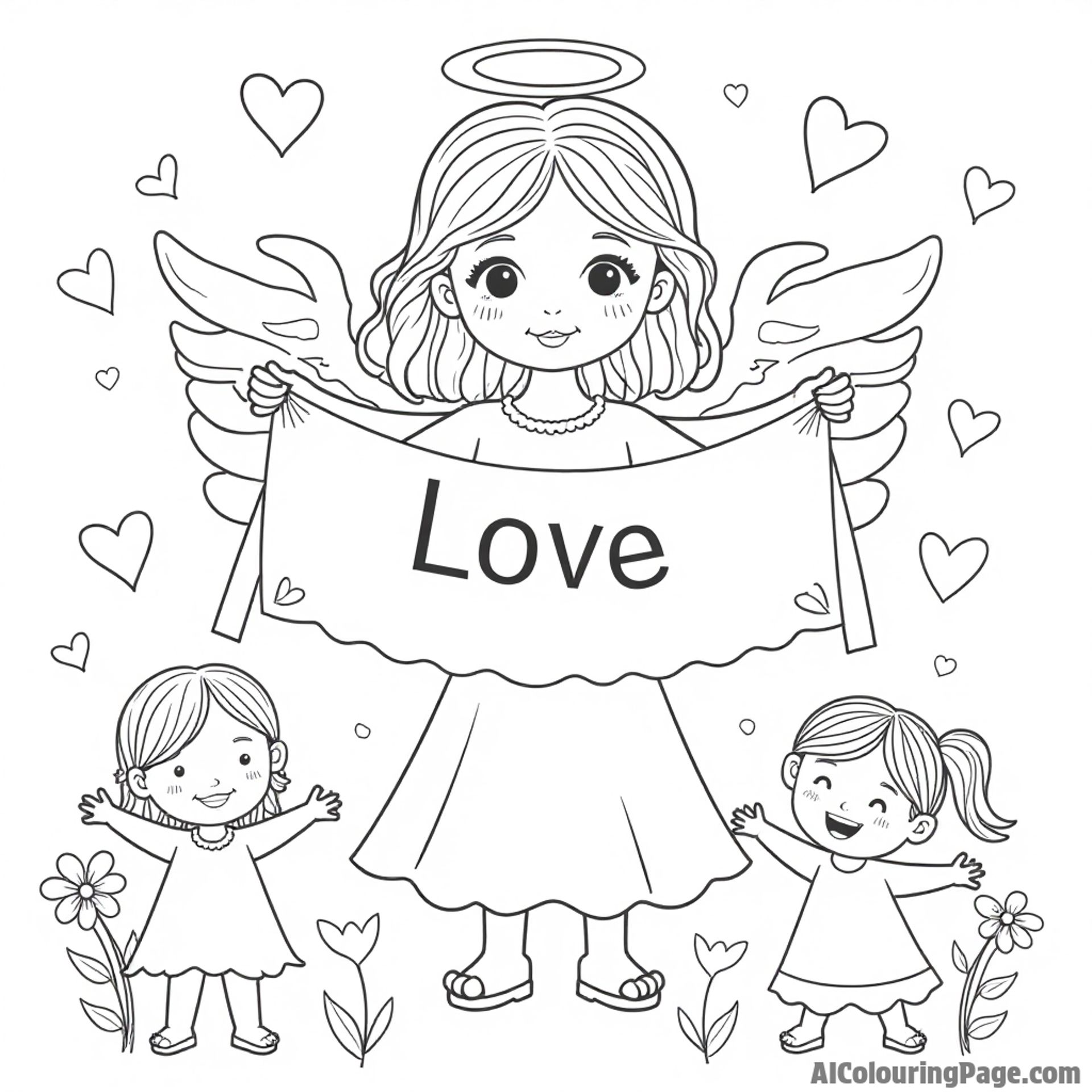 An angel holding a banner that says "Love" while surrounded by hearts, flowers, and cheerful children.