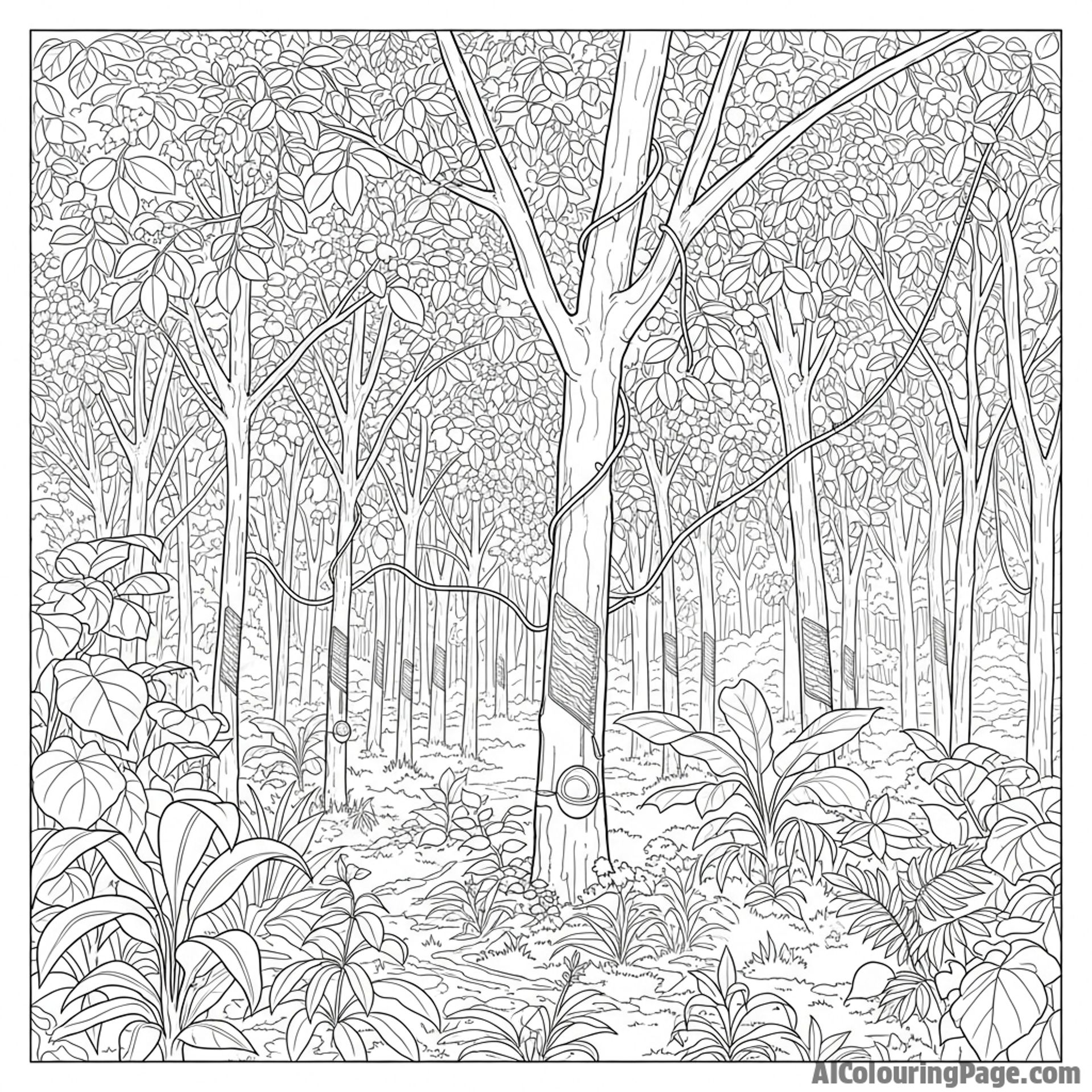 A lost and forgotten rubber tree plantation within the forest.
