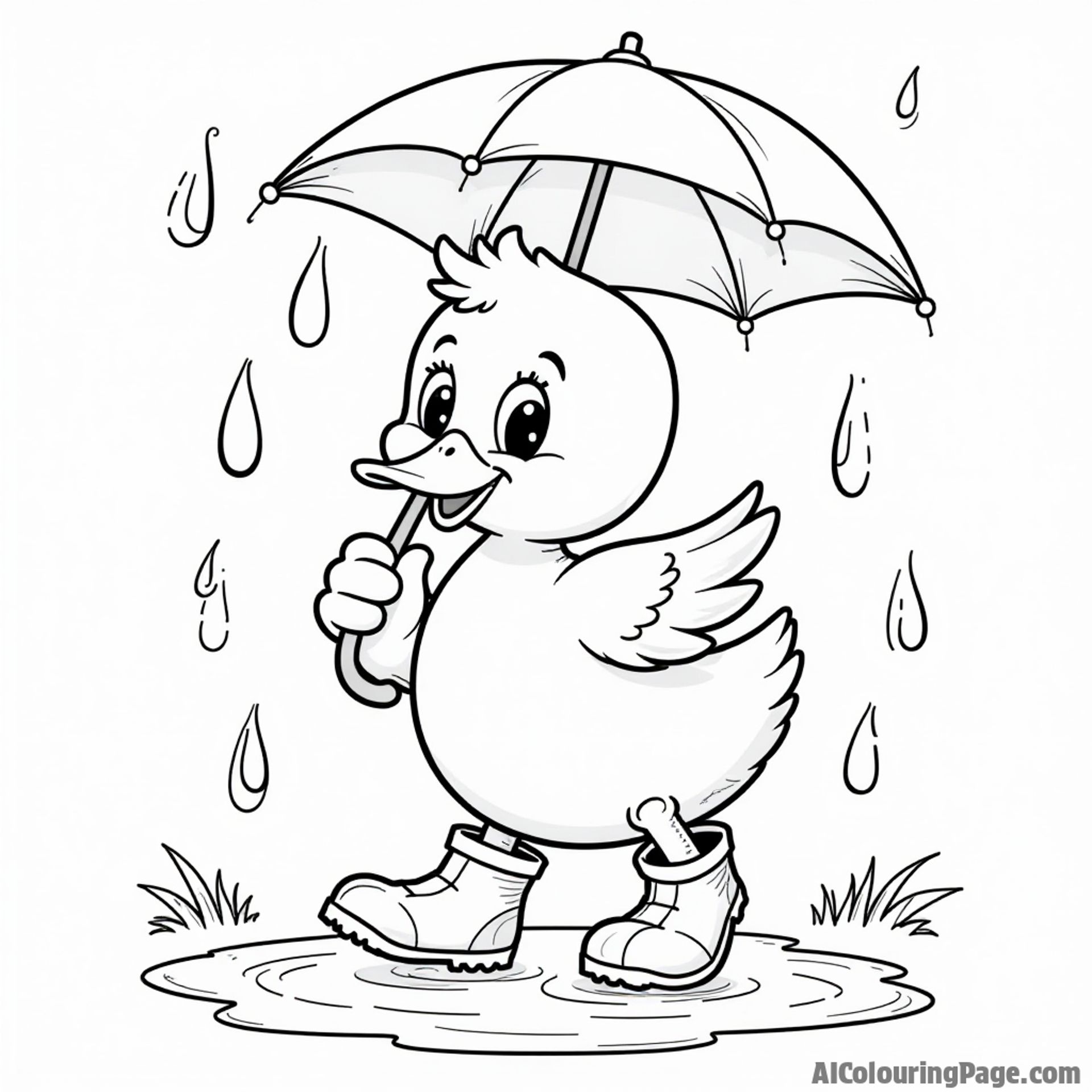 A duck enjoying a rainy day with an umbrella, jumping in puddles while wearing colorful rain boots.