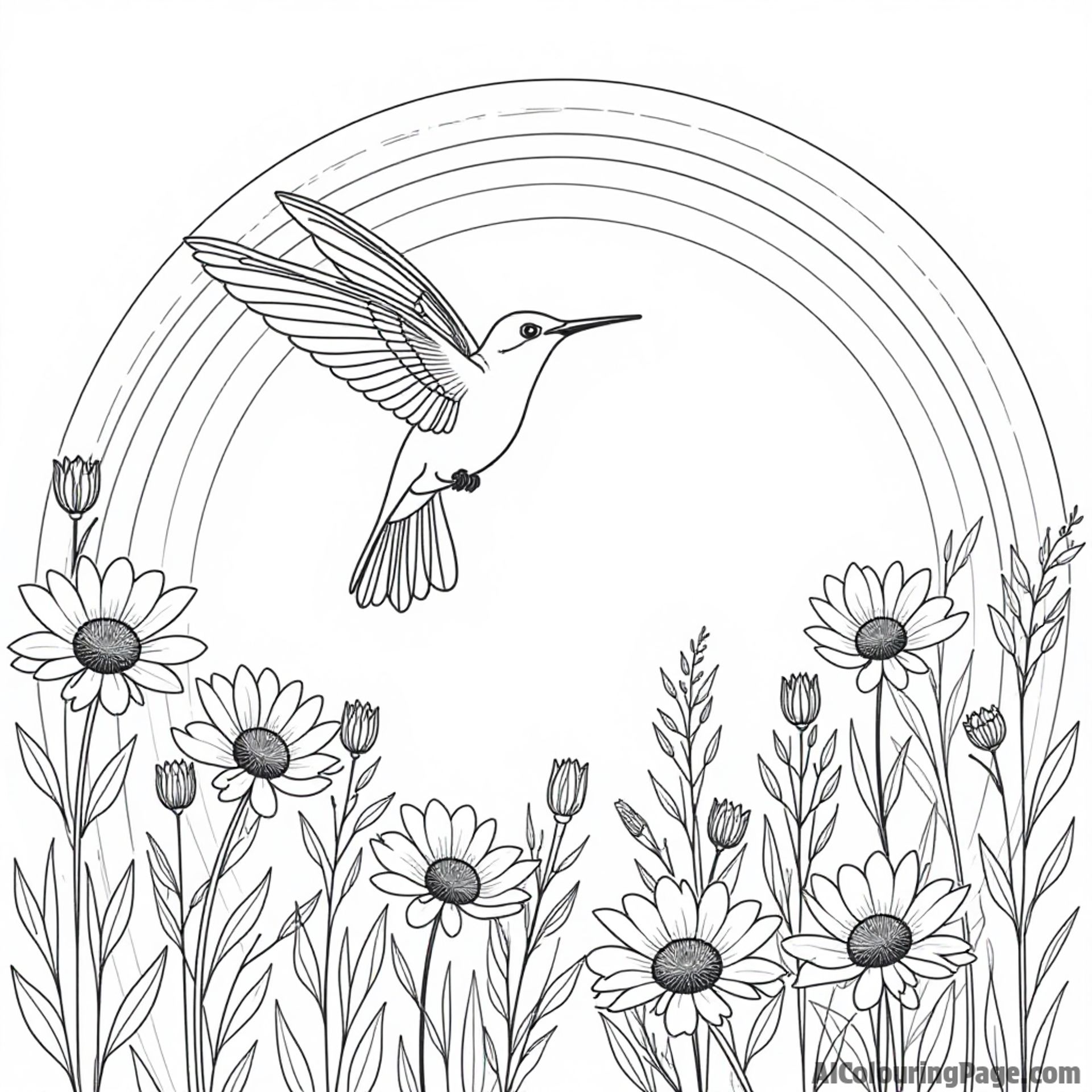 A hummingbird flying above a field of wildflowers with a rainbow arching in the background.