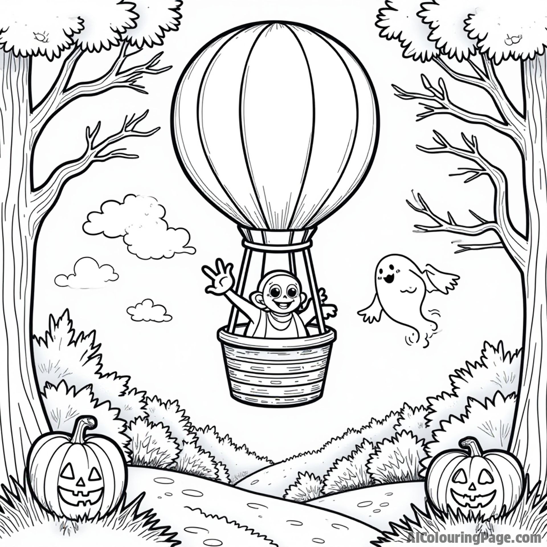 A hot air balloon ride through a spooky forest, with friendly ghosts and jack-o'-lanterns, inviting children to color their own Halloween adventure.