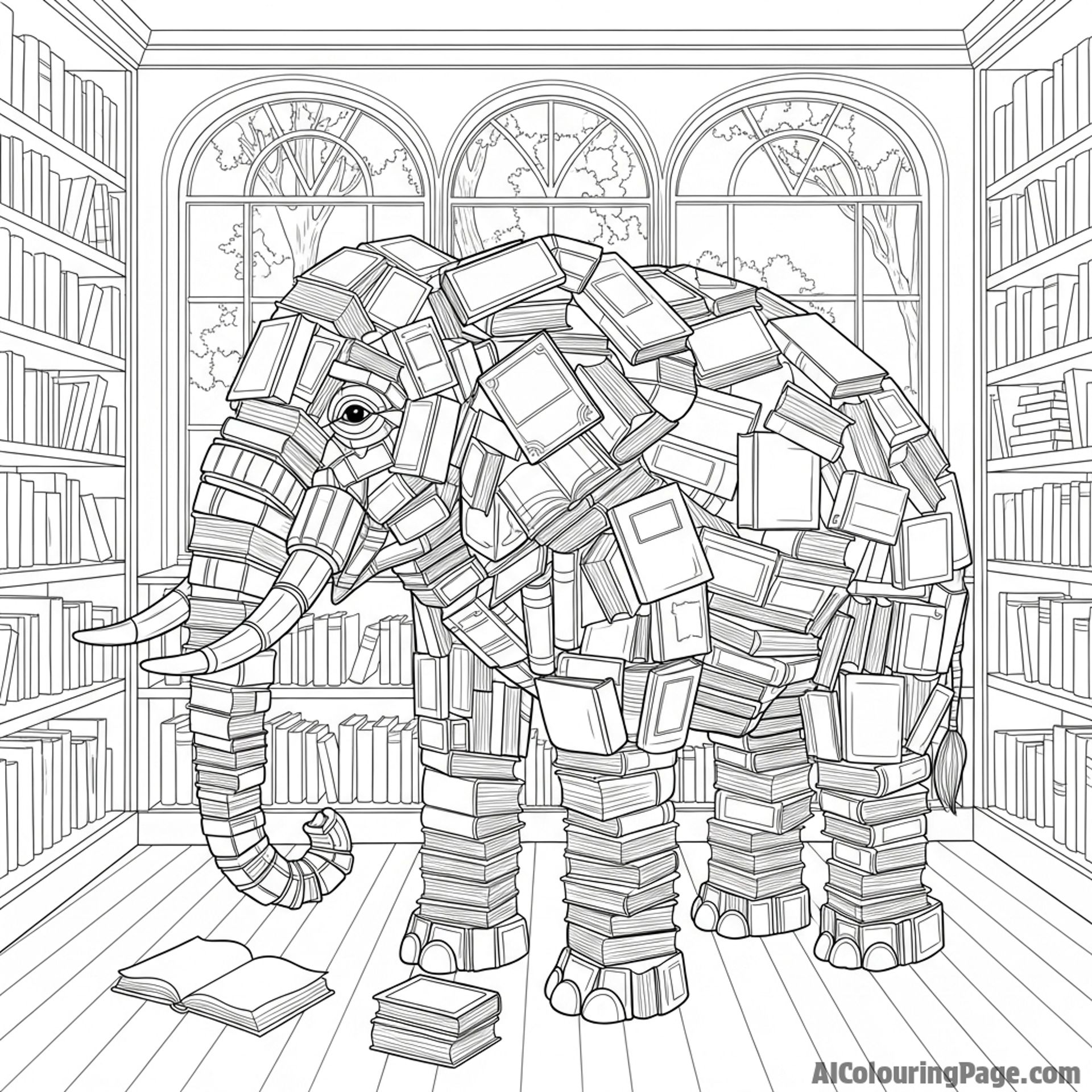 An elephant sculpted from thousands of stacked, antique books in a library.