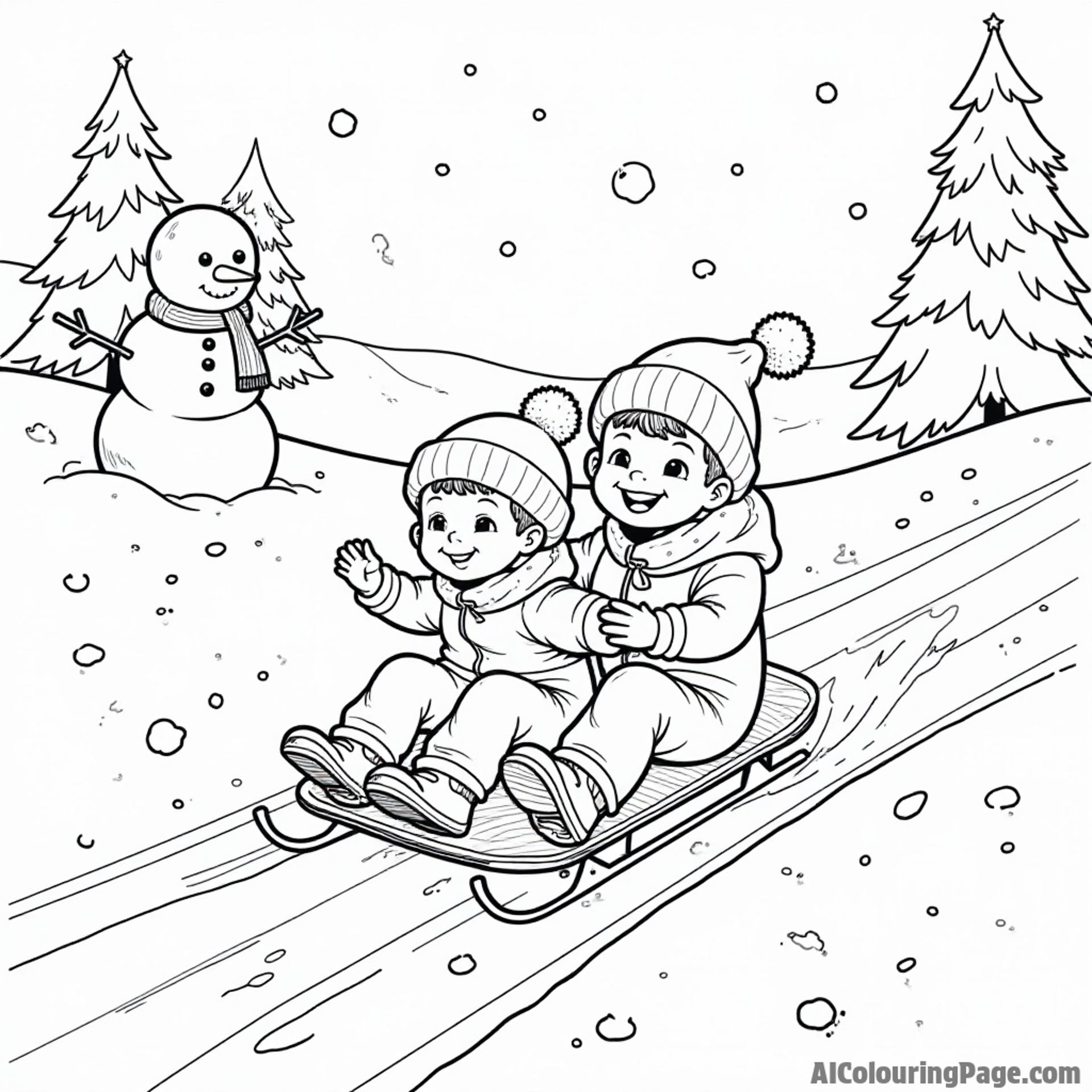 A sledding scene with kids joyfully sliding down a snowy hill, with a snowman and Christmas trees in the background.