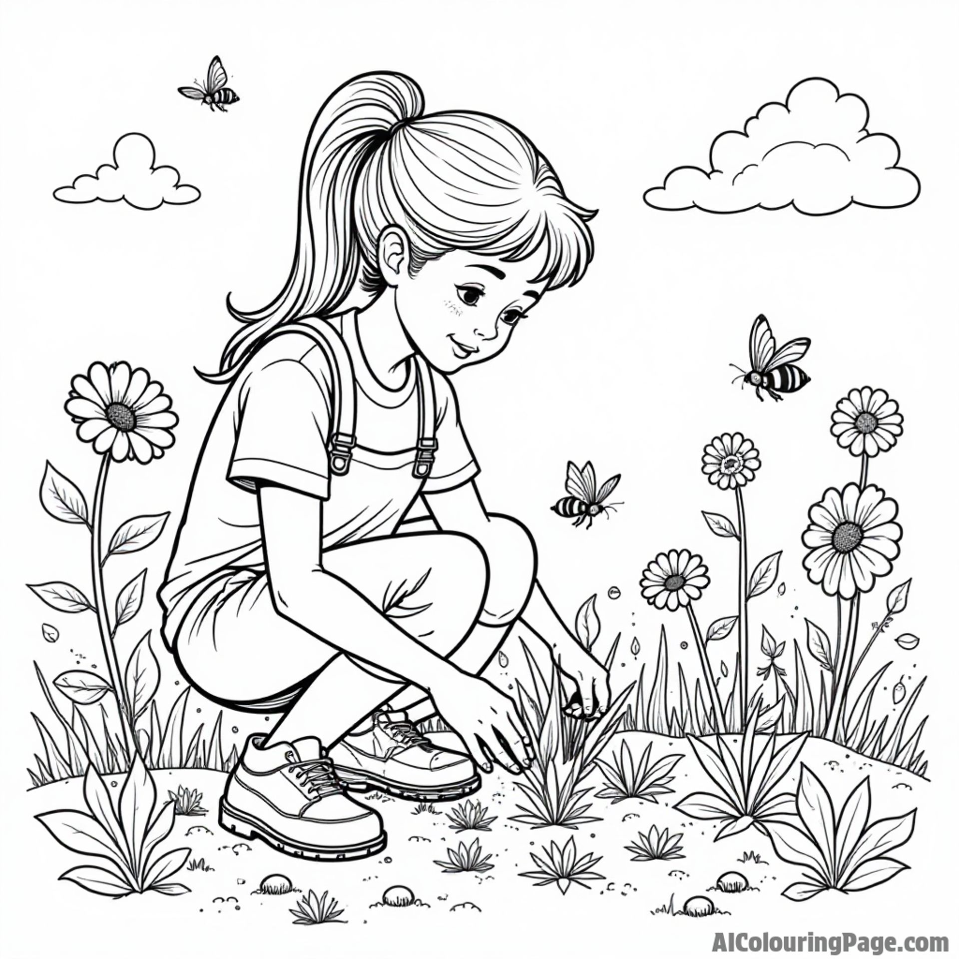 A broccoli gardener planting seeds in a beautiful garden, with butterflies and bees buzzing around the blooming flowers.