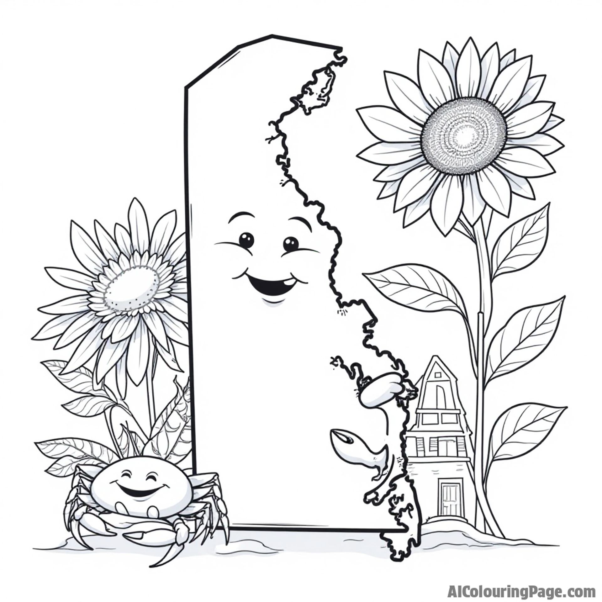Delaware state outline featuring a friendly blue crab, a colonial-style house, and a vibrant sunflower to color.