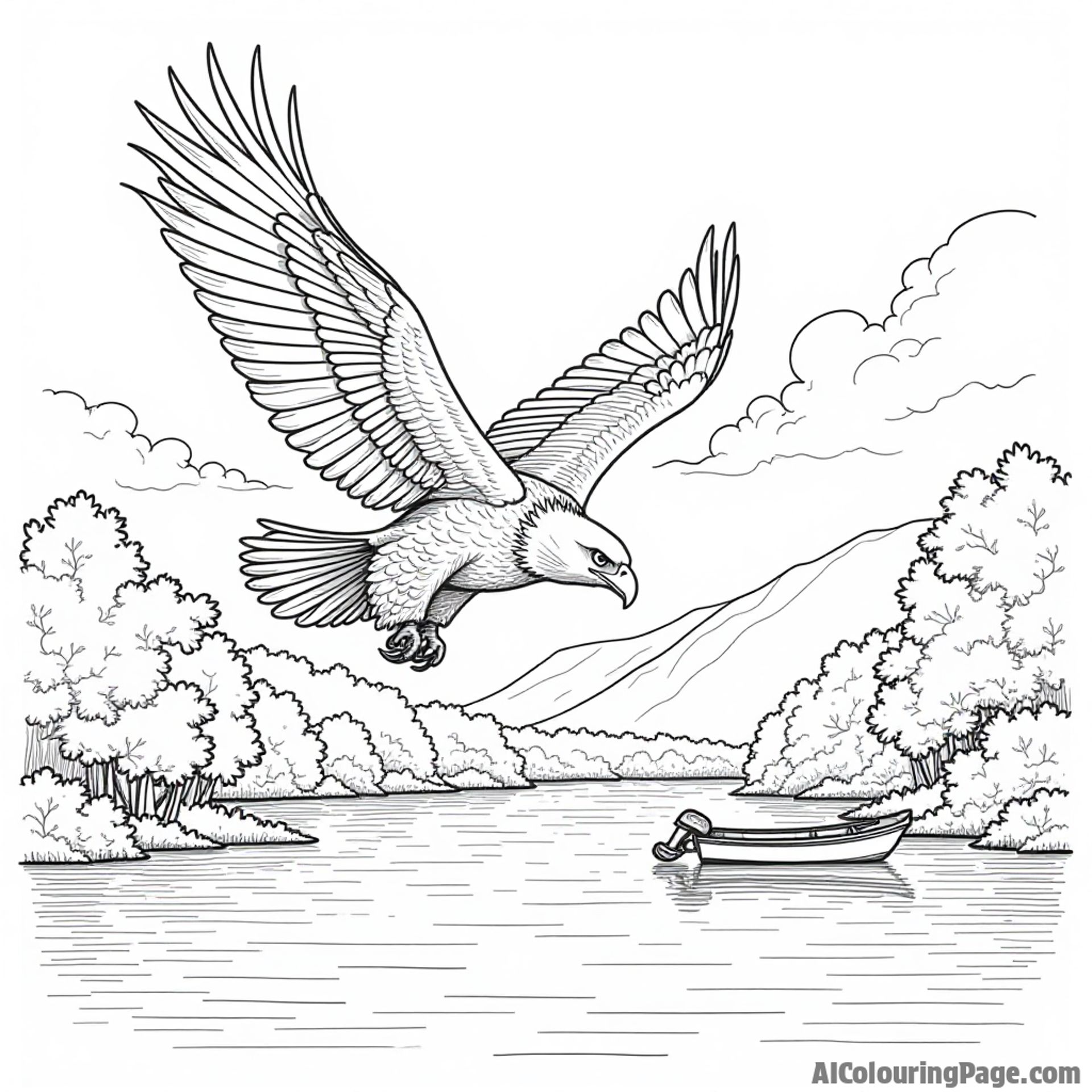 A majestic bald eagle soaring above the Tennessee River with a backdrop of lush greenery and a small fishing boat.