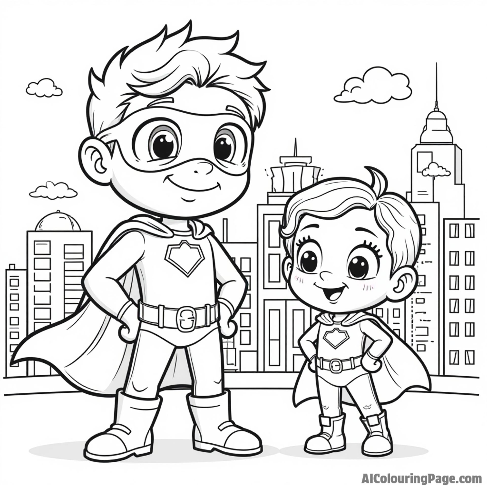 A fun superhero scene with a cheerful superhero character, a playful sidekick, and a colorful city skyline in the background.