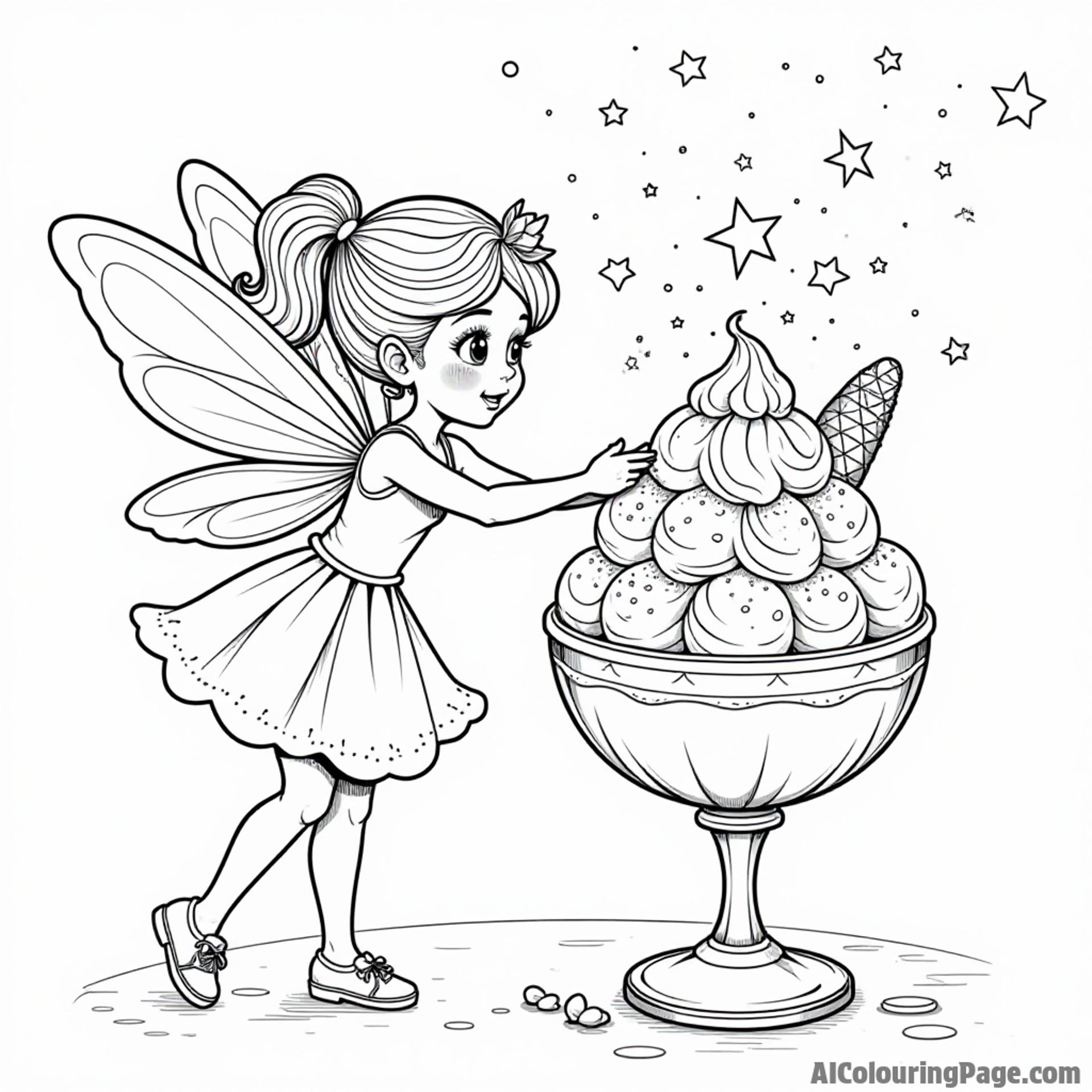 An enchanting ice cream fairy sprinkling magical toppings over a giant sundae under a starry night sky