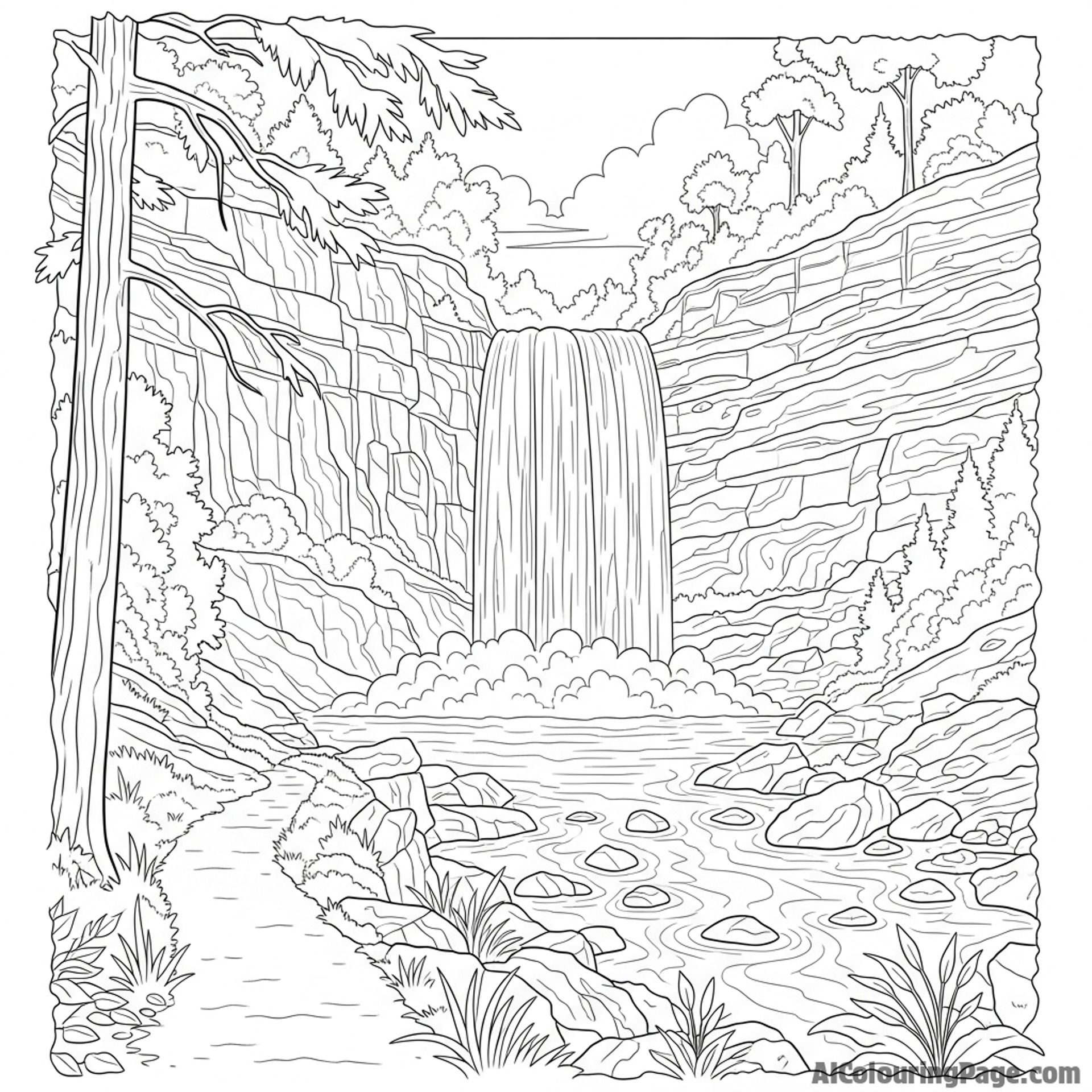 A waterfall viewed from a nearby hiking trail.