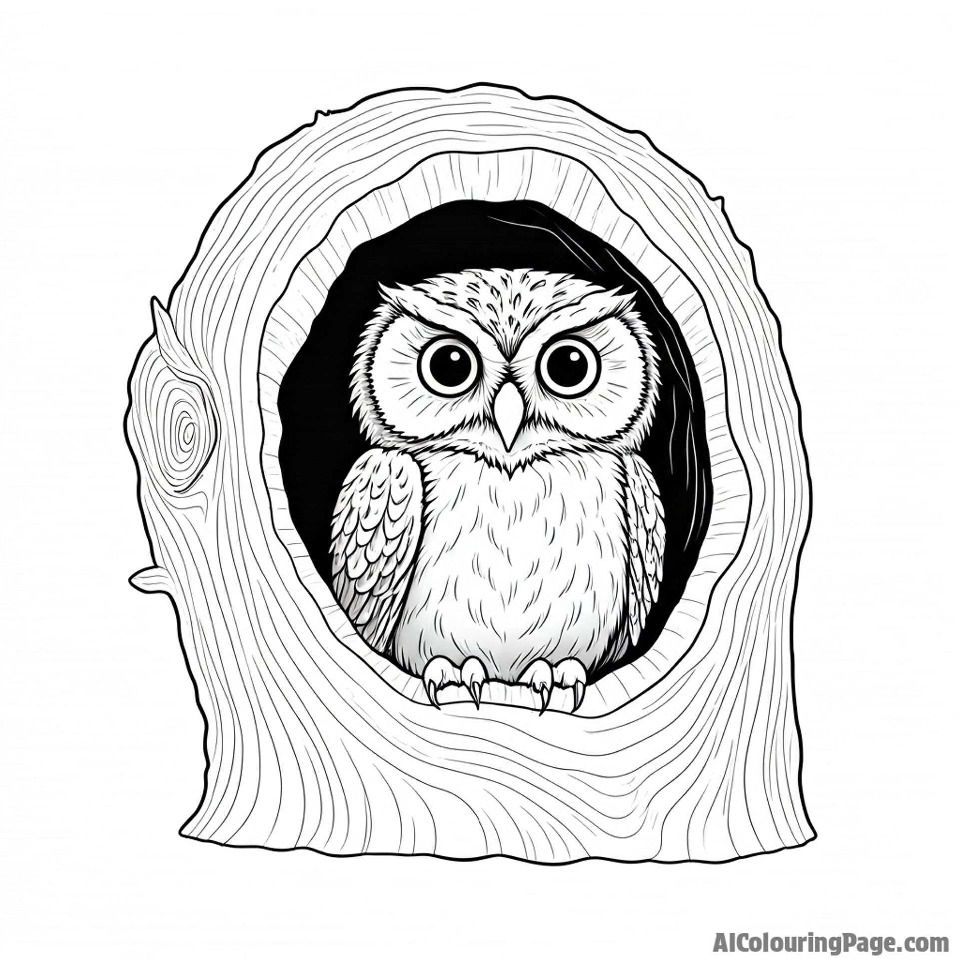 A tiny owl hiding inside a hollow tree trunk, peering out cautiously.